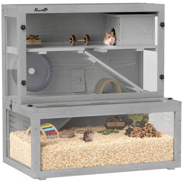 pawhut-cage-hamster-3-niveaux-en-bois-de-sapin-avec-panneau-transparent-gris image 1
