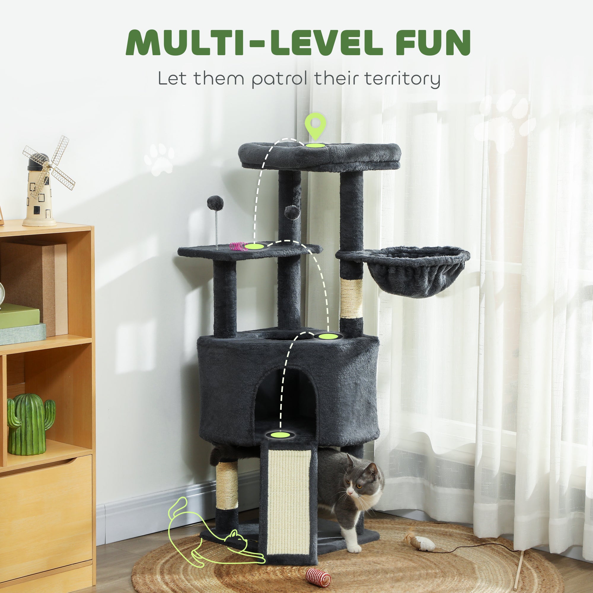 pawhut-arbre-chat-120-cm-avec-niche-hamac-lit-et-chelle-gris-fonc image 6