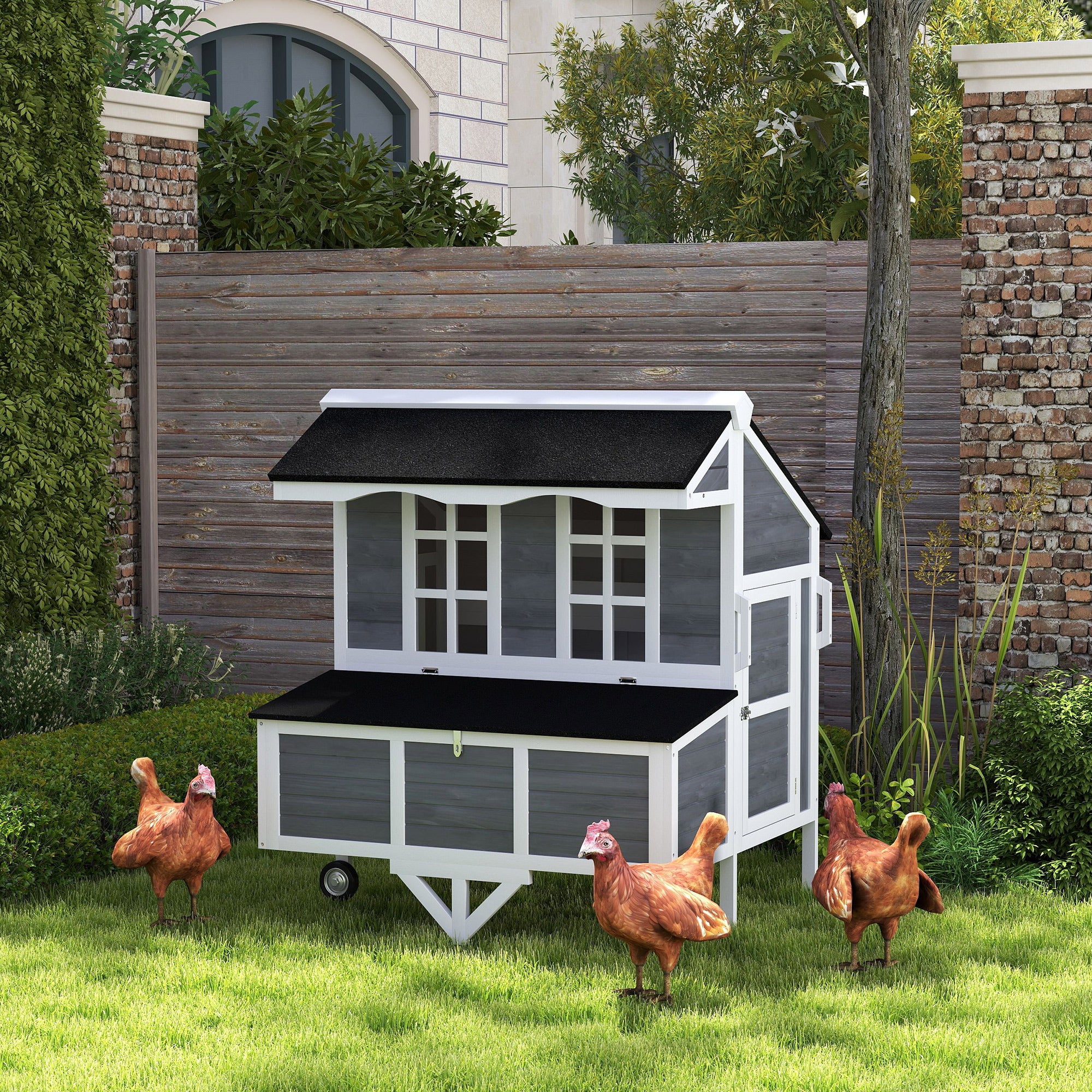 pawhut-poulailler-mobile-gris-avec-pondoir-tiroir-roues-et-perchoirs-2-4-poules image 4