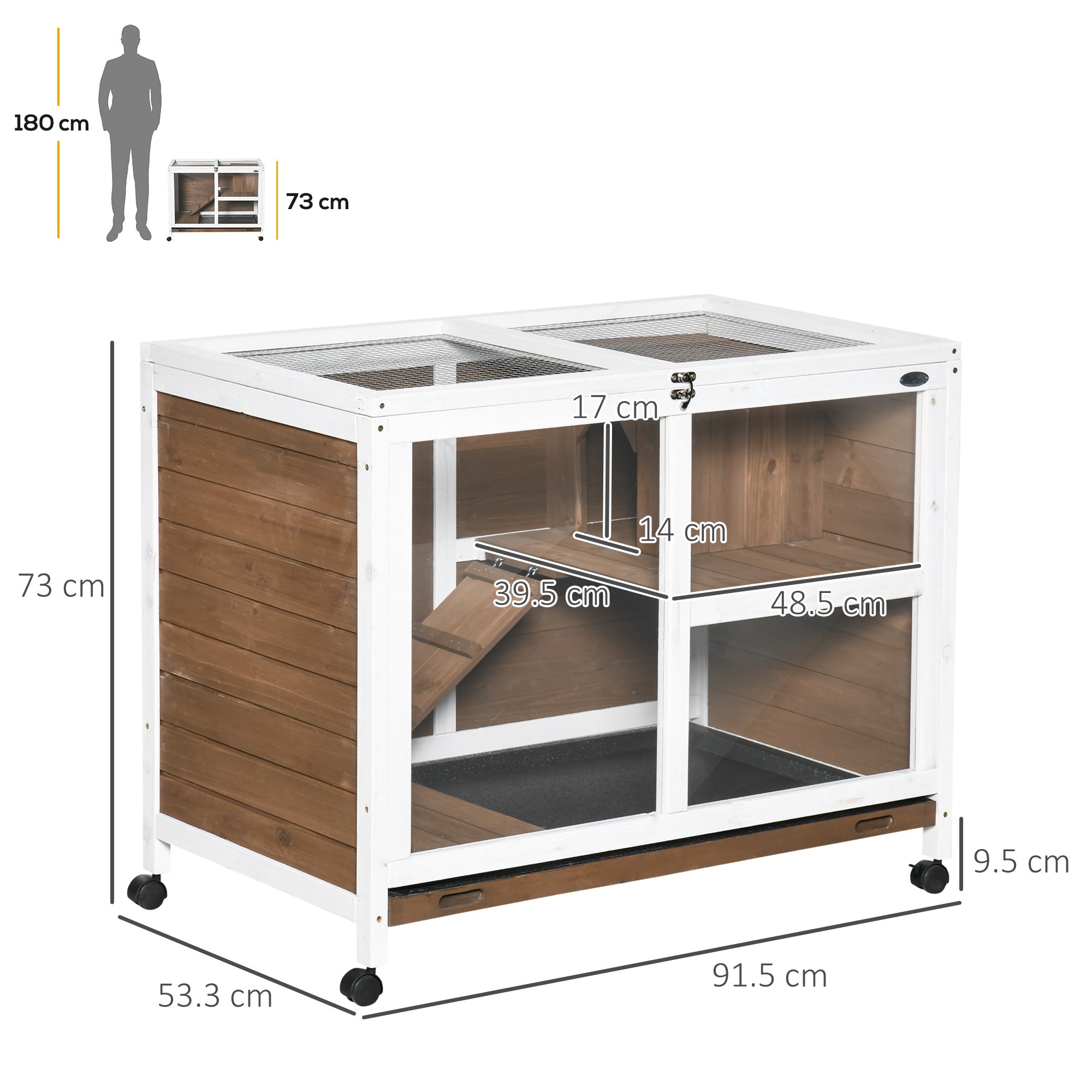 pawhut-cage-pour-petit-animal-en-bois-2-tages-toit-ouvrant-mobile-marron image 5