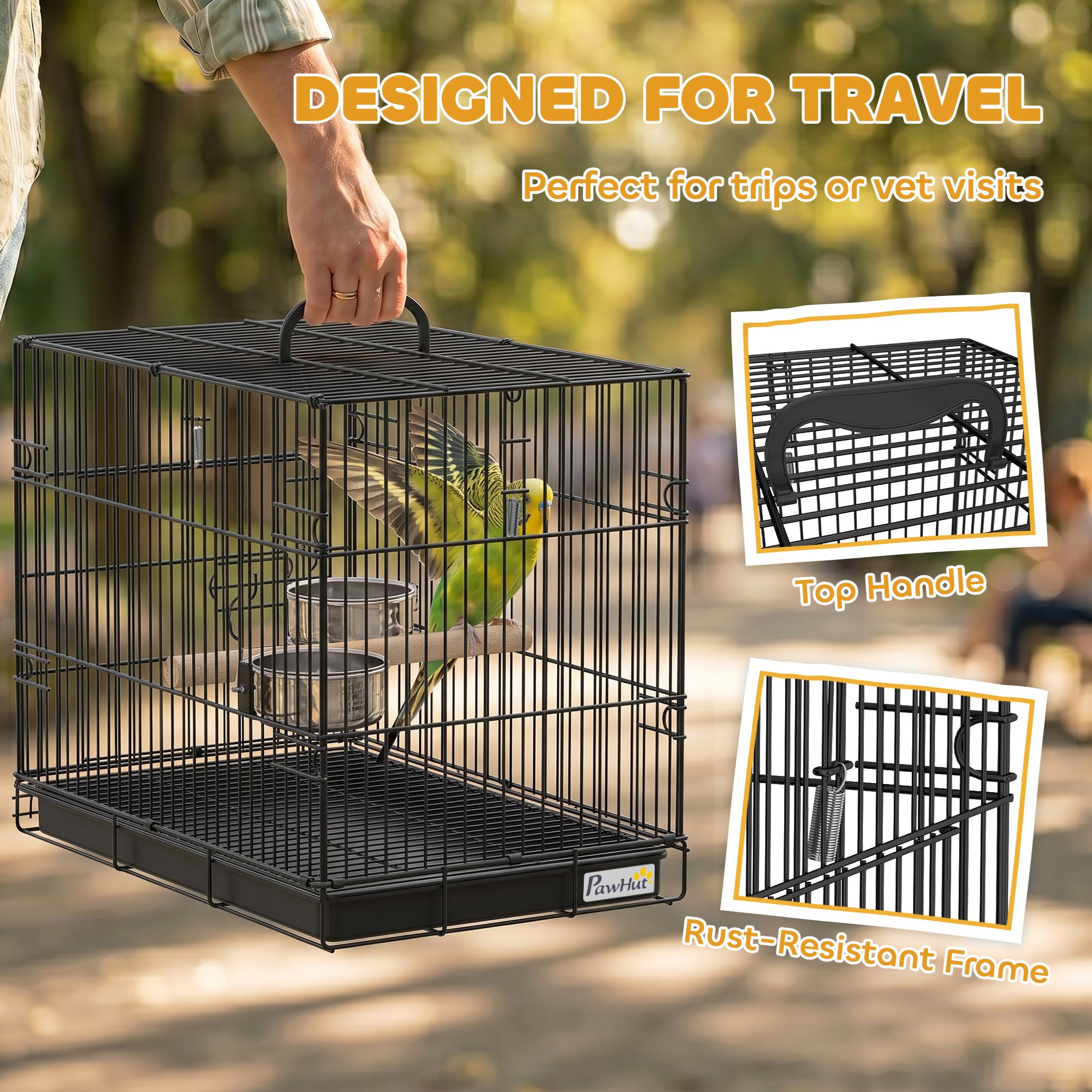 pawhut-cage-de-transport-pour-oiseau-pliable-en-m-tal-noir-perchoir-en-bois-game image 6