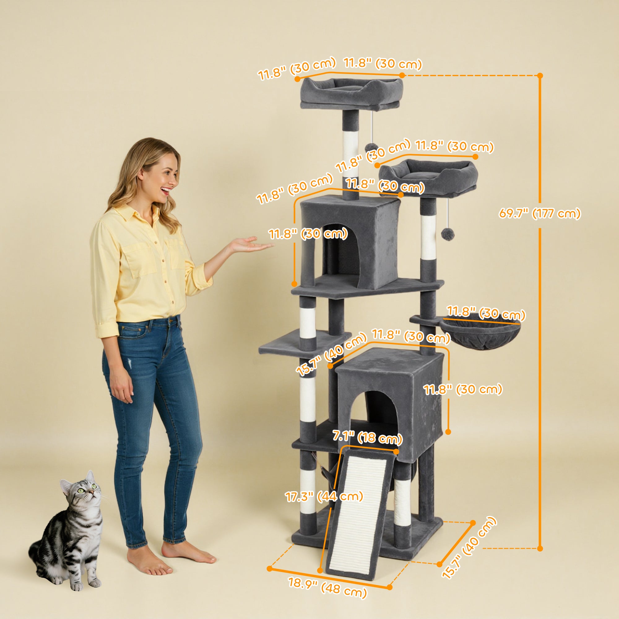 pawhut-arbre-chat-177-cm-avec-2-niches-2-perchoirs-et-hamac-gris-fonc image 5