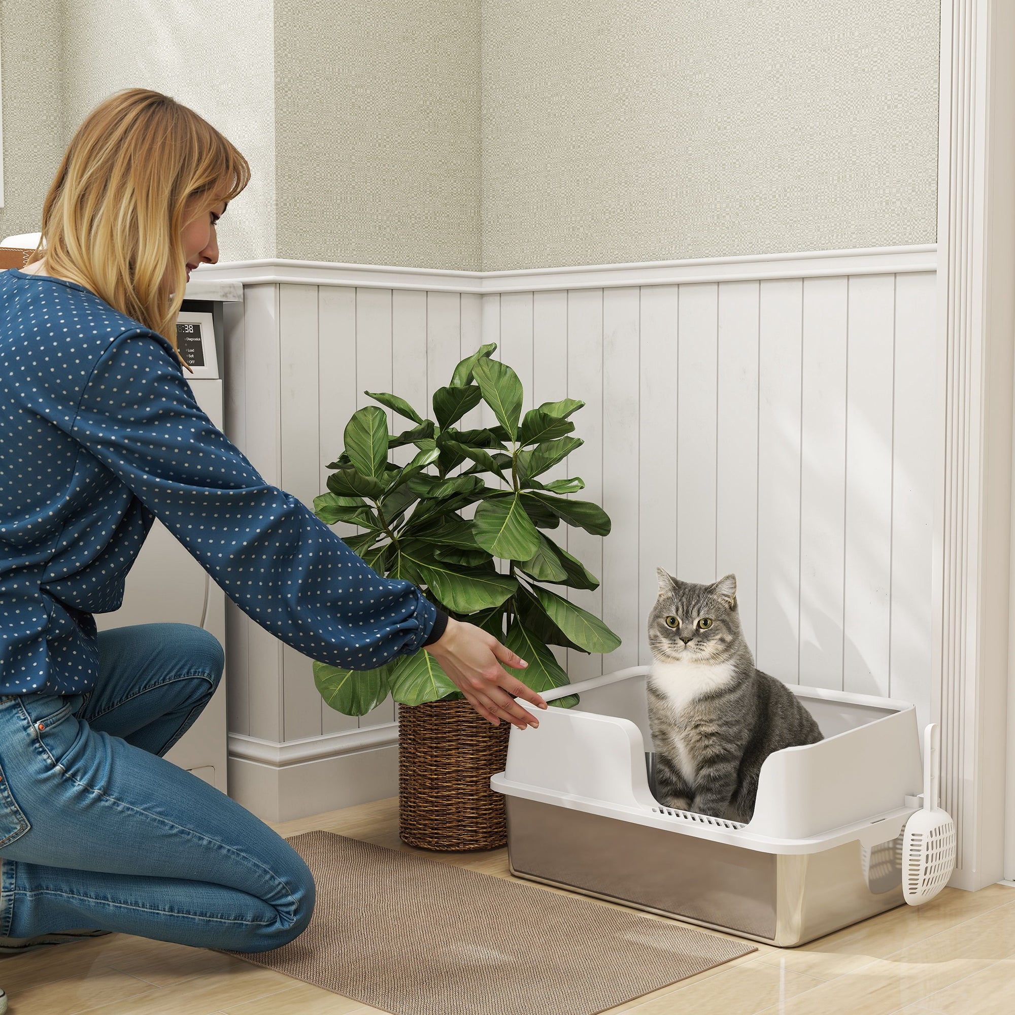 pawhut-bac-liti-re-chat-xl-inox-avec-couvercle-et-pelle-gris-clair image 3