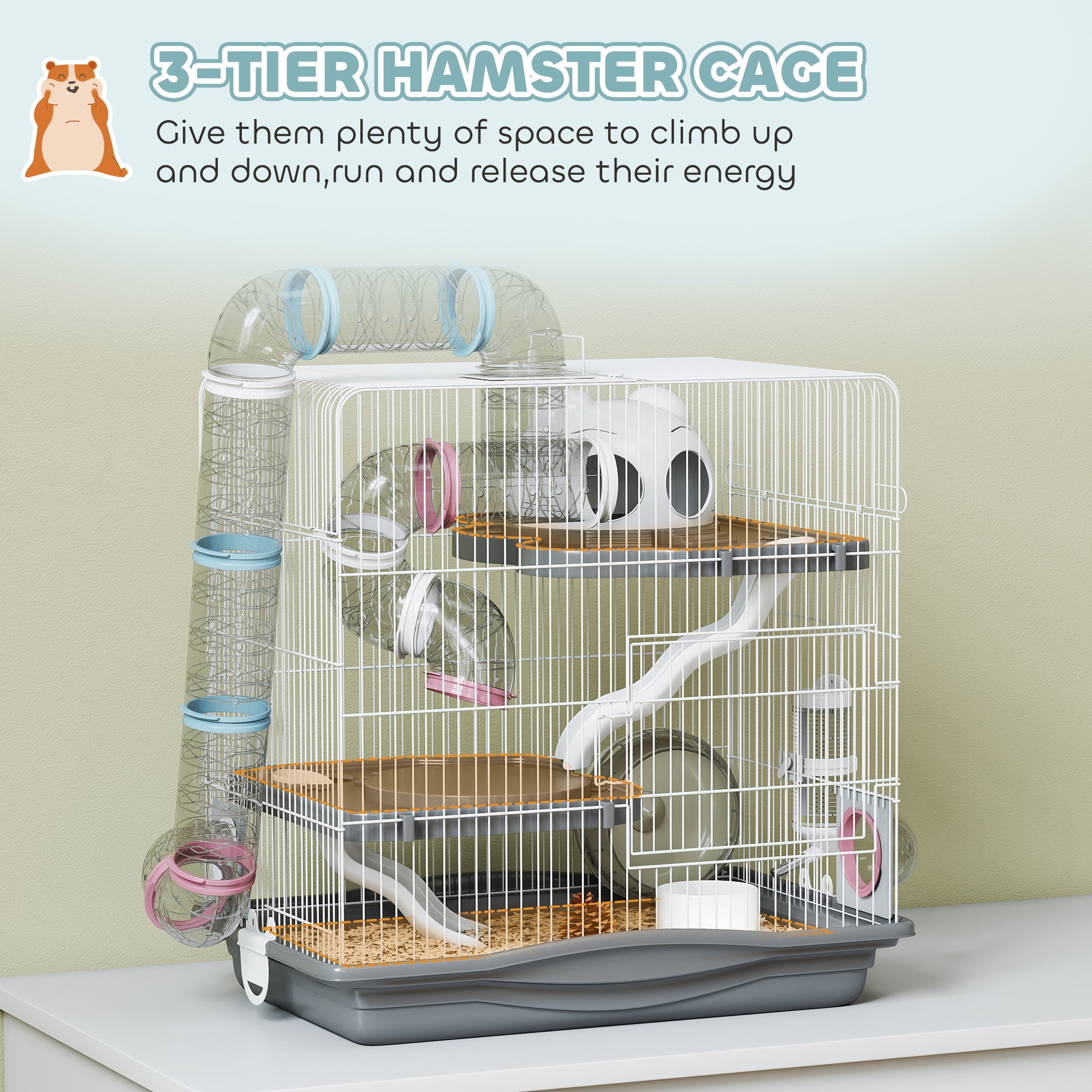 pawhut-cage-hamster-3-tages-avec-roue-tunnels-et-biberon-45-x-30-x-45-cm-gris image 6