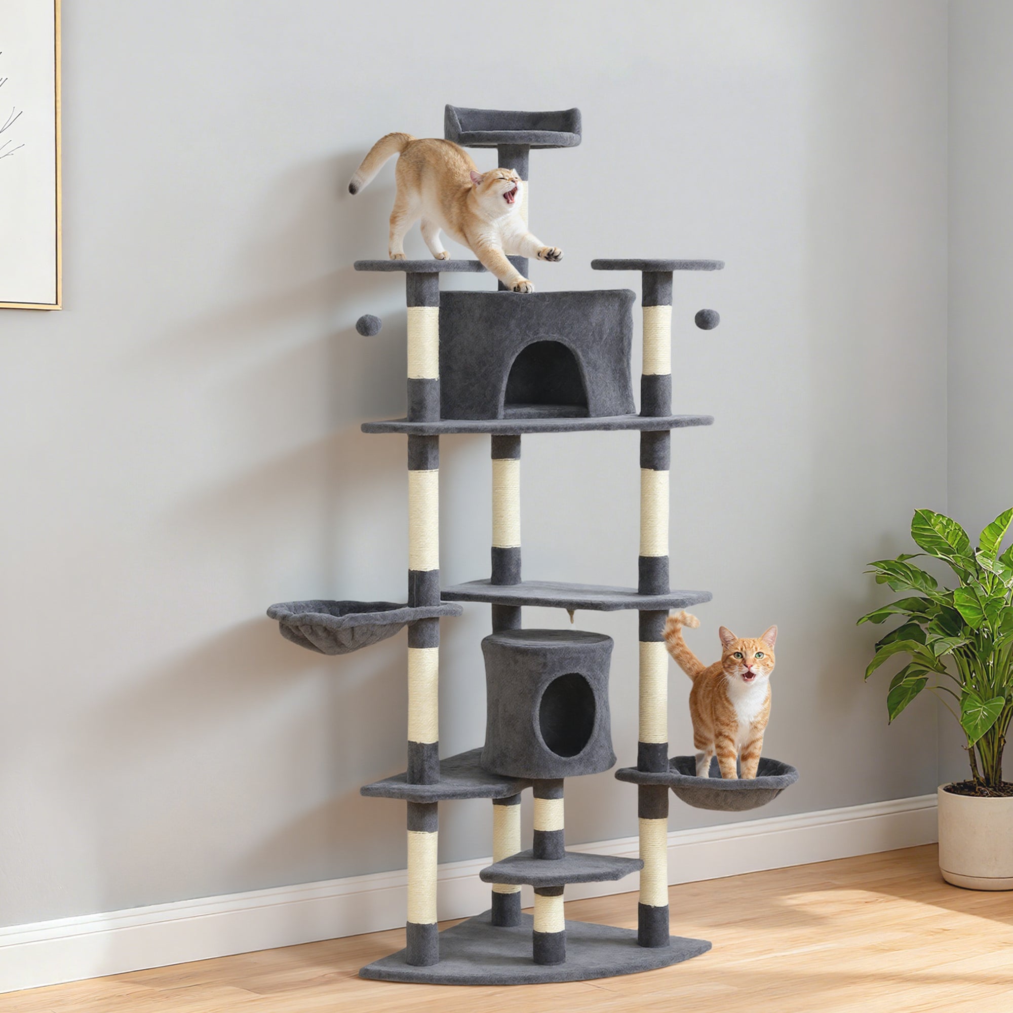 pawhut-arbre-chat-tour-200-cm-avec-niche-2-hamacs-gris-fonc image 4
