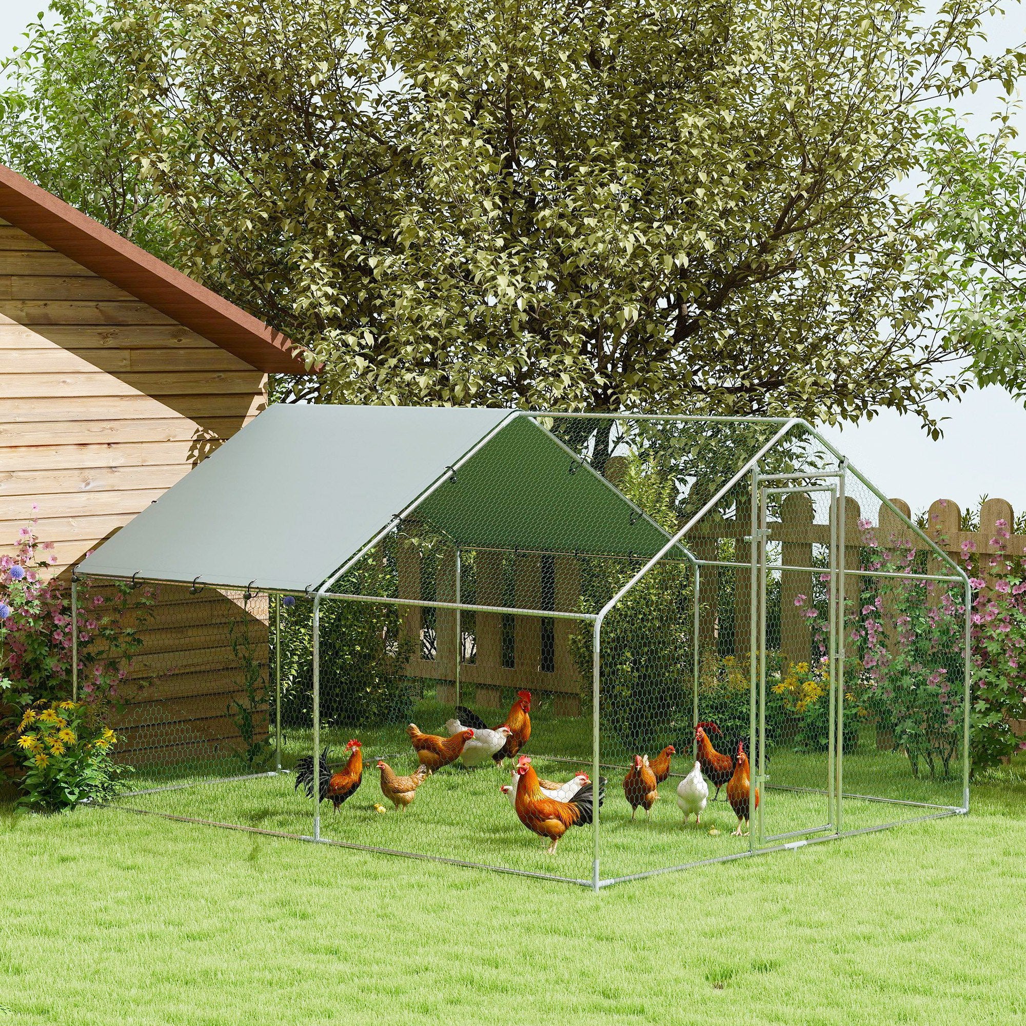 pawhut-enclos-poulailler-m-tal-9-8-x-11-2-ft-avec-b-che-uv-pour-10-15-poules-arg image 3