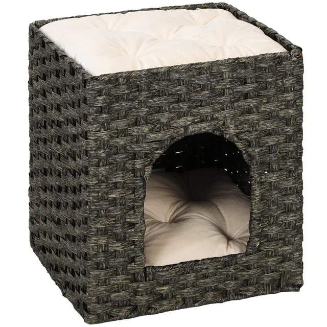pawhut-maison-pour-chat-rotin-2-niveaux-43x40x49-cm-avec-coussins-grise image 1