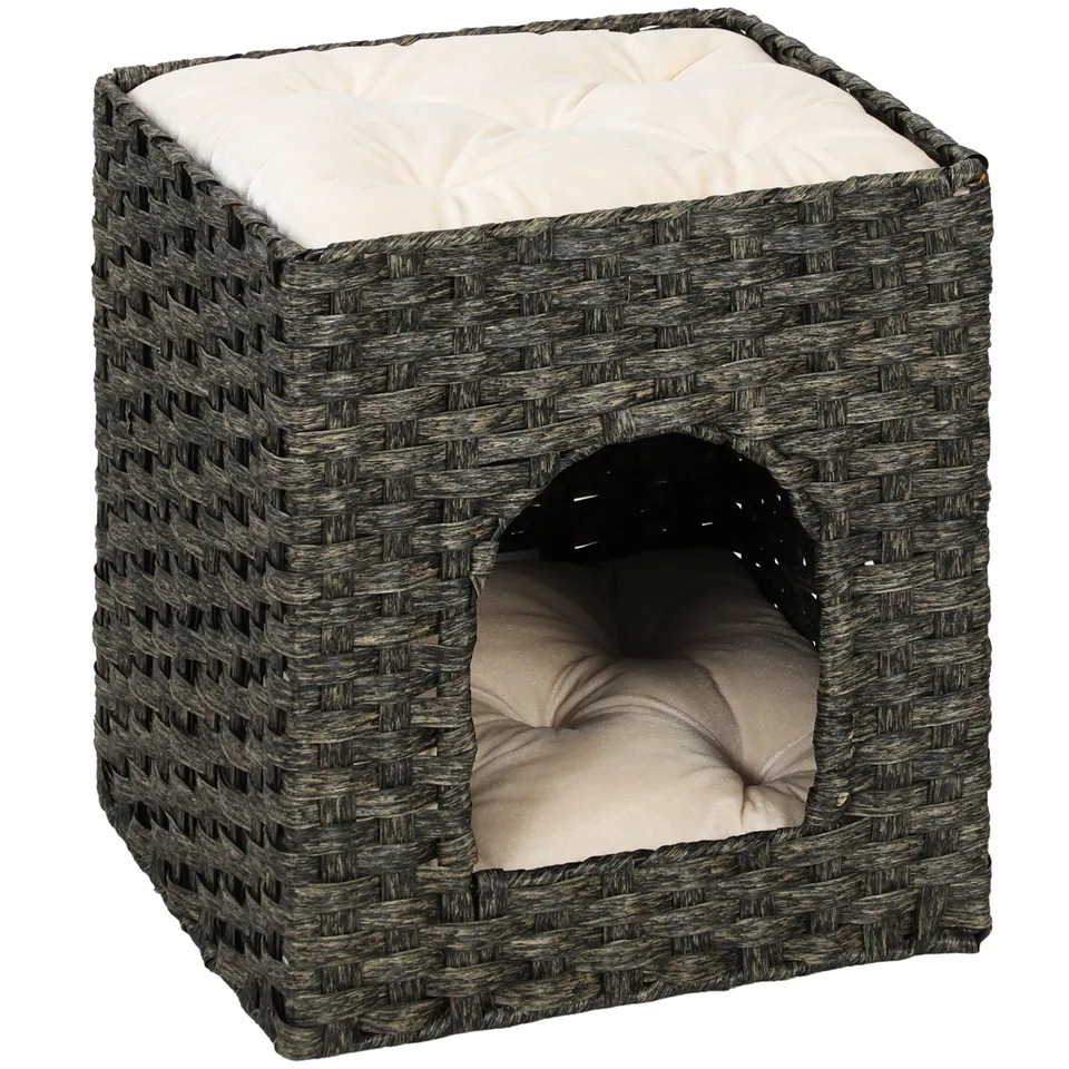 pawhut-maison-pour-chat-rotin-2-niveaux-43x40x49-cm-avec-coussins-grise image 1