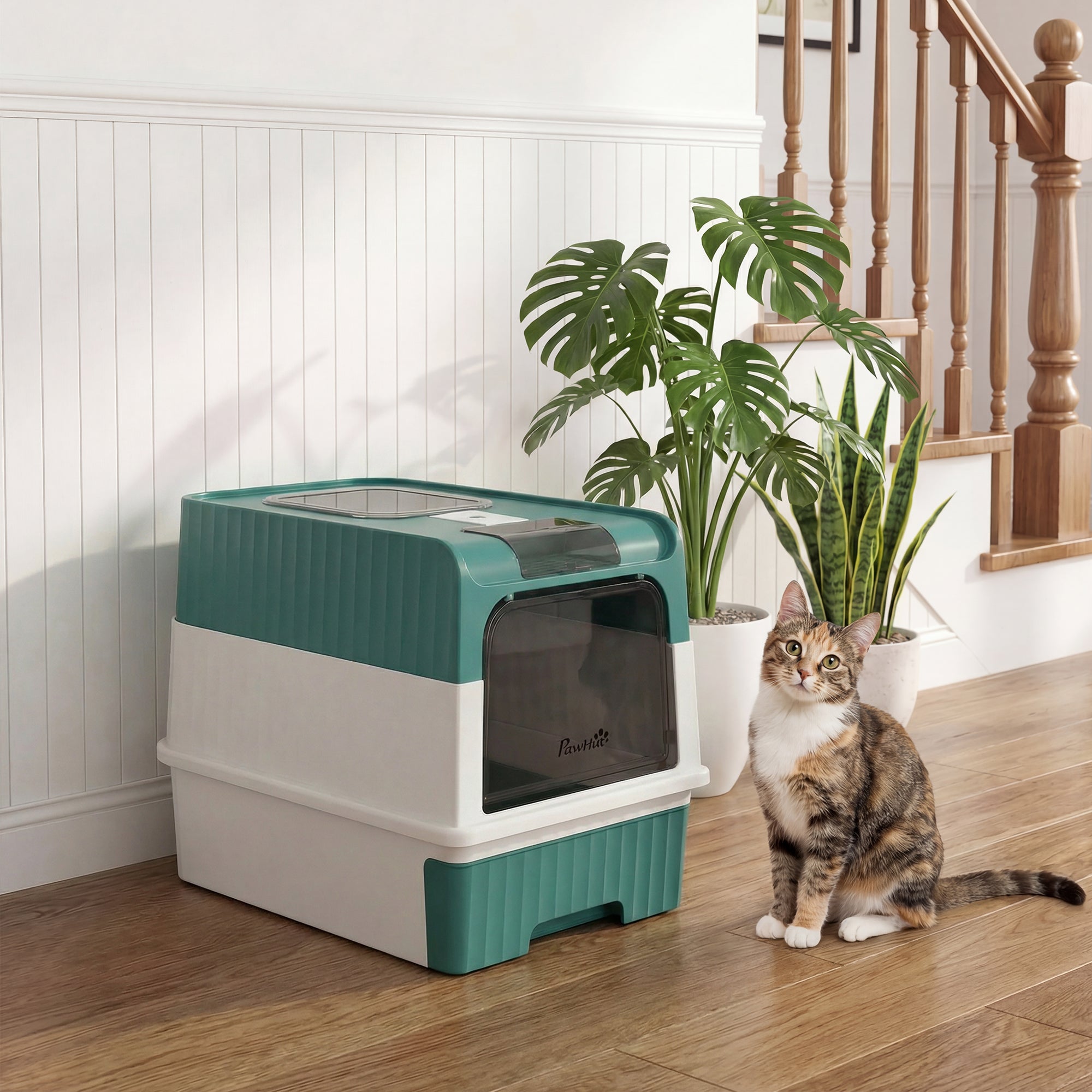 pawhut-bac-liti-re-pour-chat-ferm-avec-tiroir-pelle-et-sortie-haute-turquoise image 4