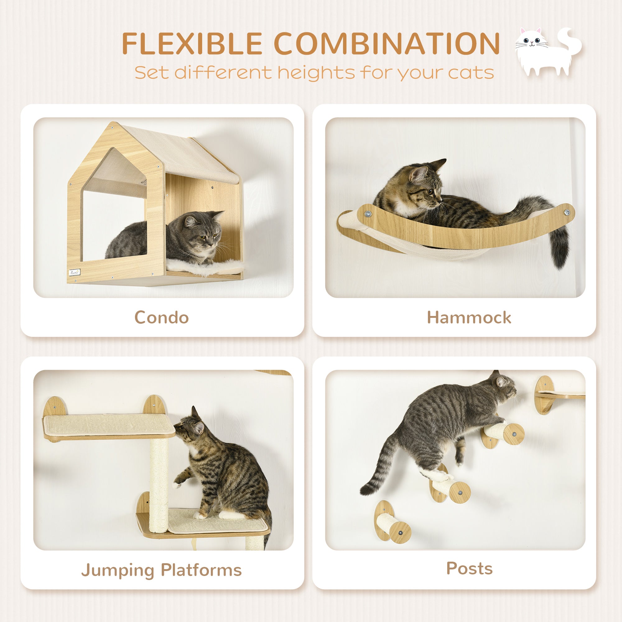 pawhut-ensemble-8-pi-ces-tag-res-murales-pour-chat-avec-niche-3-perchoirs-beige image 7