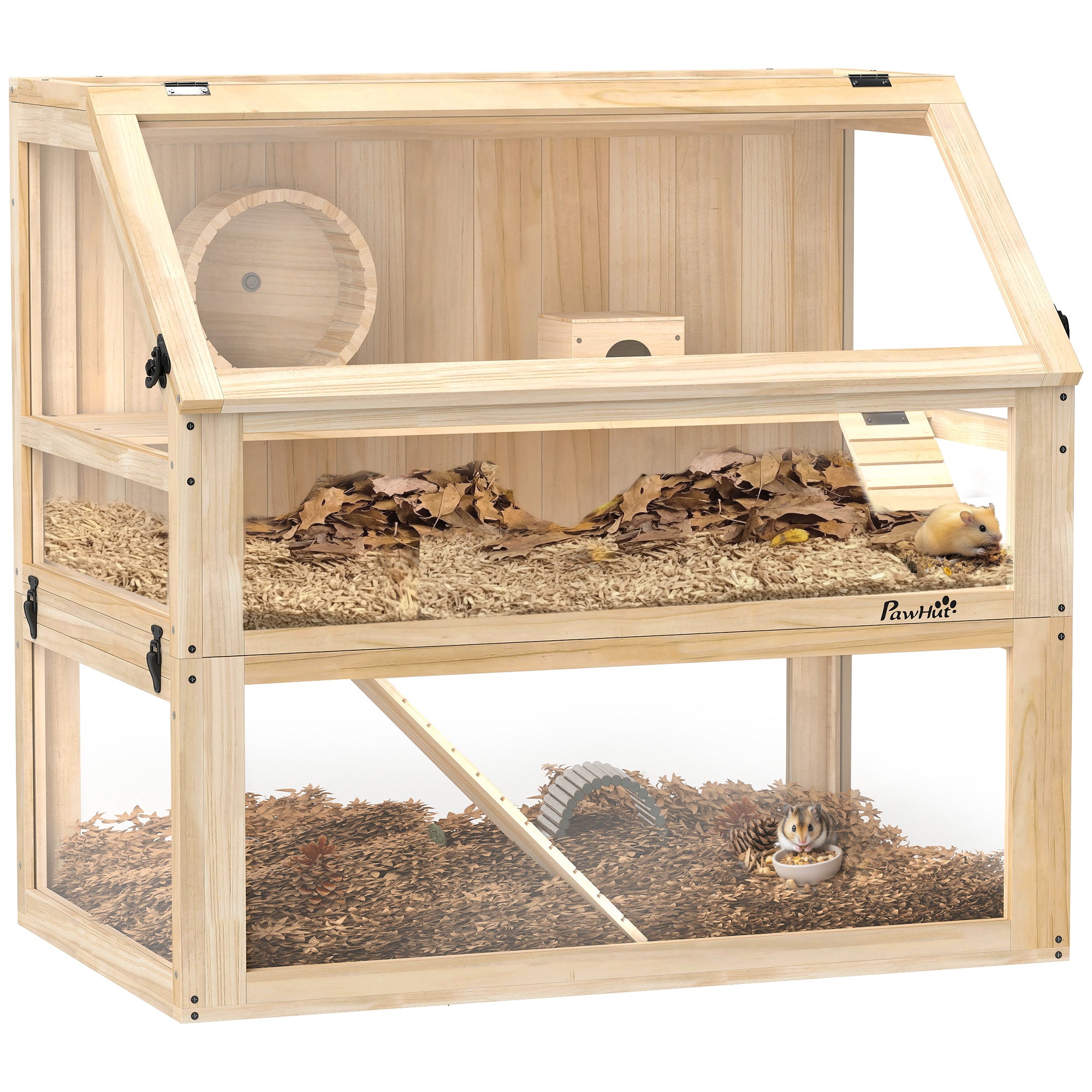 pawhut-cage-pour-hamster-en-bois-3-tages-avec-roue-maison-et-rampes-80-x-50-x-76 image 1