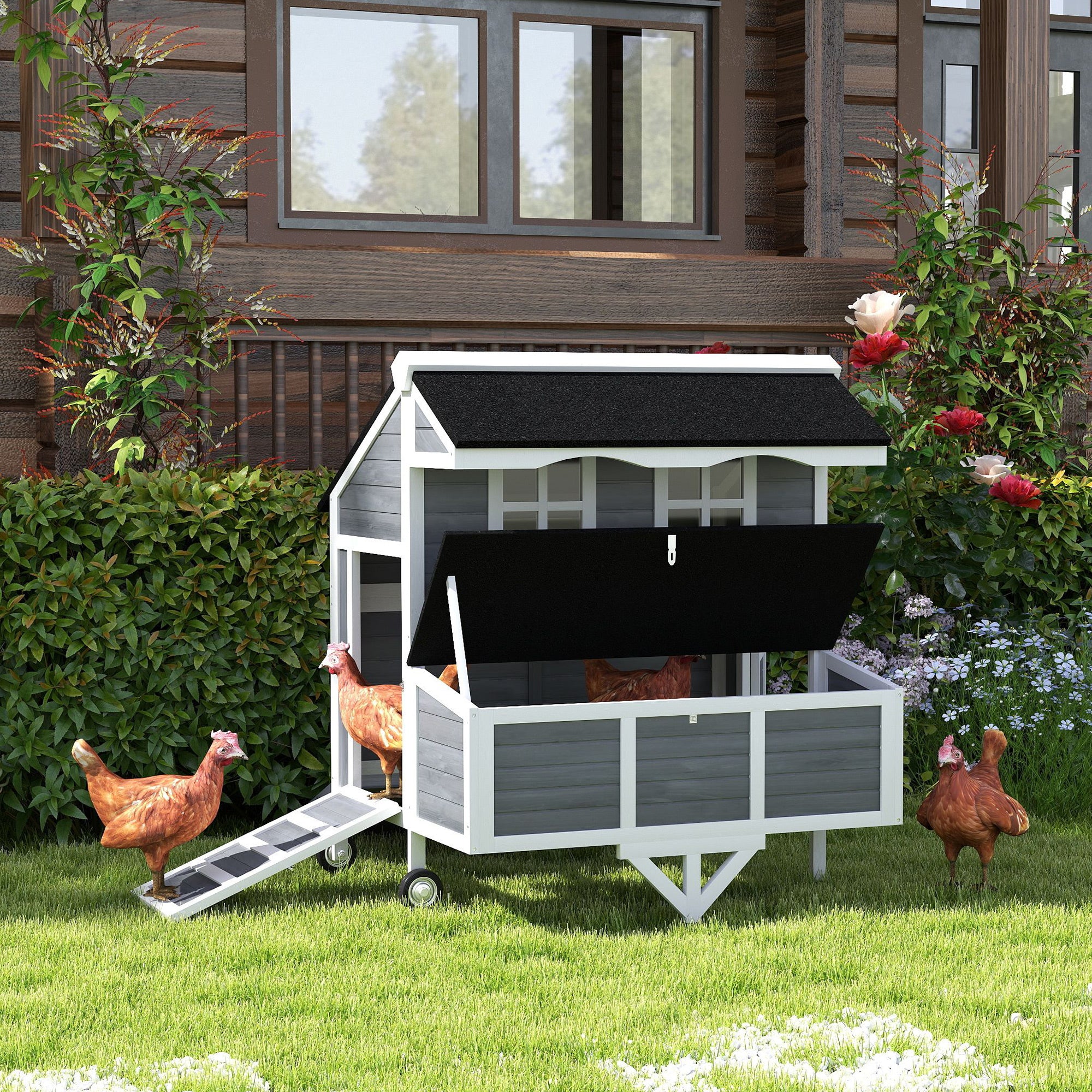 pawhut-poulailler-mobile-gris-avec-pondoir-tiroir-roues-et-perchoirs-2-4-poules image 3