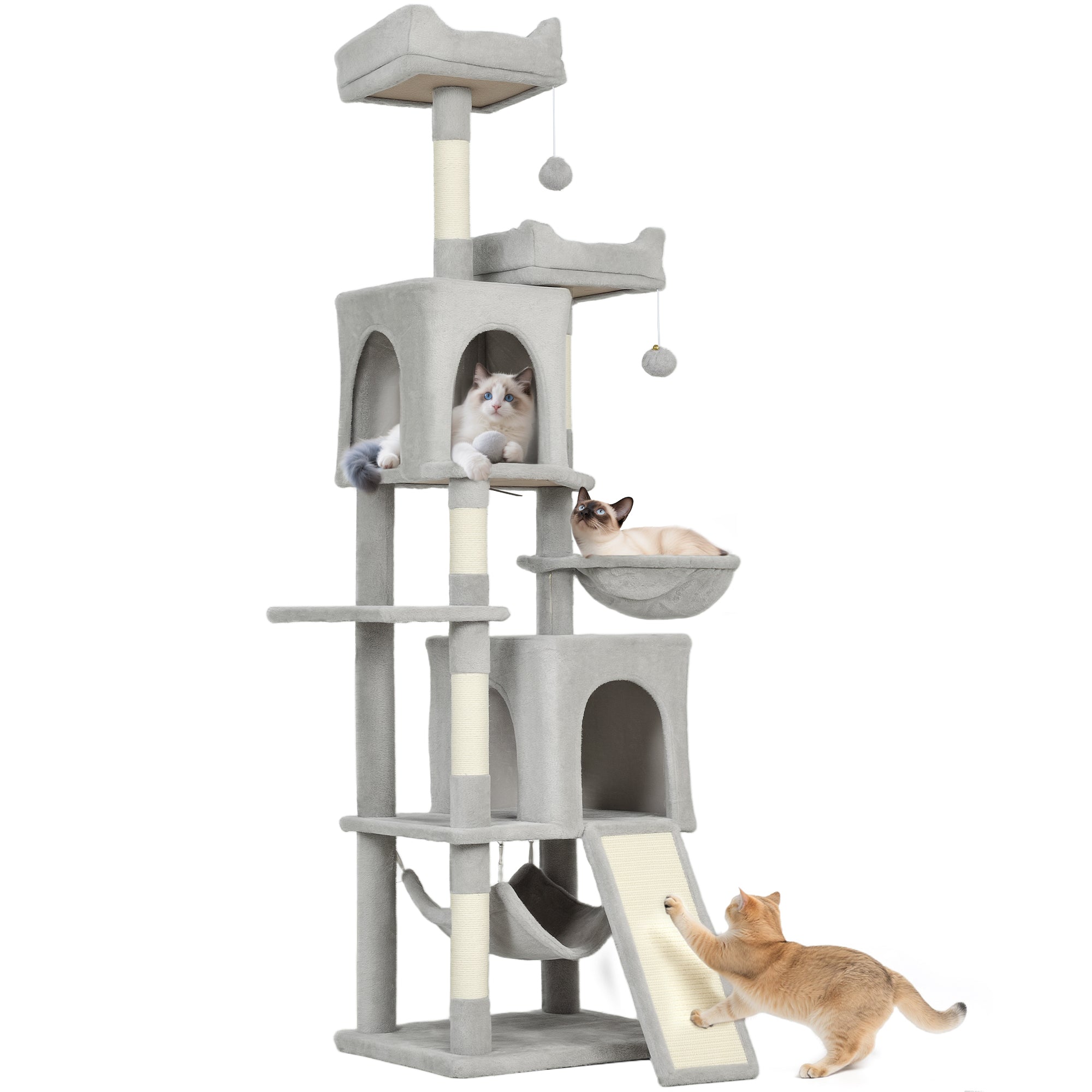 pawhut-arbre-chat-177-cm-avec-2-niches-2-perchoirs-et-hamac-gris-clair image 1