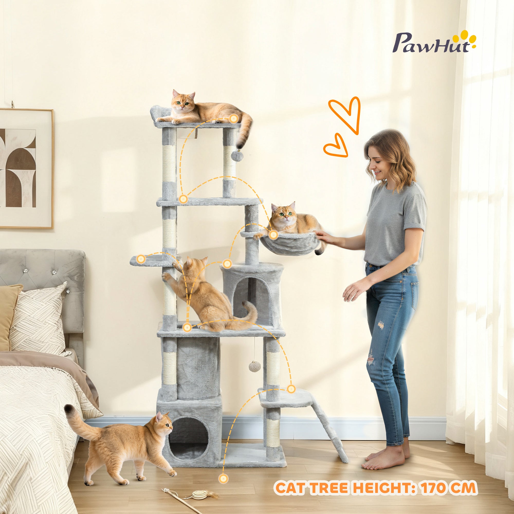 pawhut-grand-arbre-chat-67-7-griffoirs-tunnel-2-niches-hamac-gris-clair image 6
