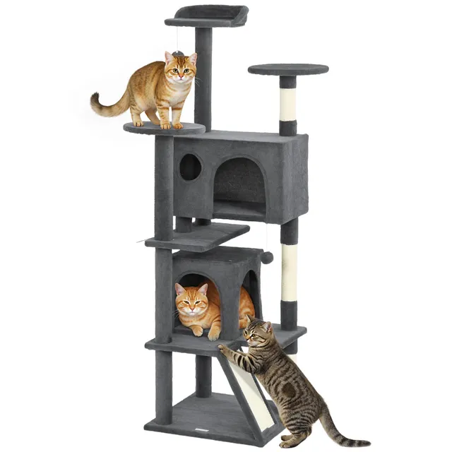 pawhut-arbre-chat-160-cm-avec-niches-lit-rampe-et-griffoir-gris-fonc image 1