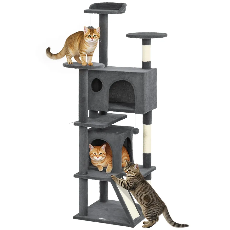 pawhut-arbre-chat-160-cm-avec-niches-lit-rampe-et-griffoir-gris-fonc image 1