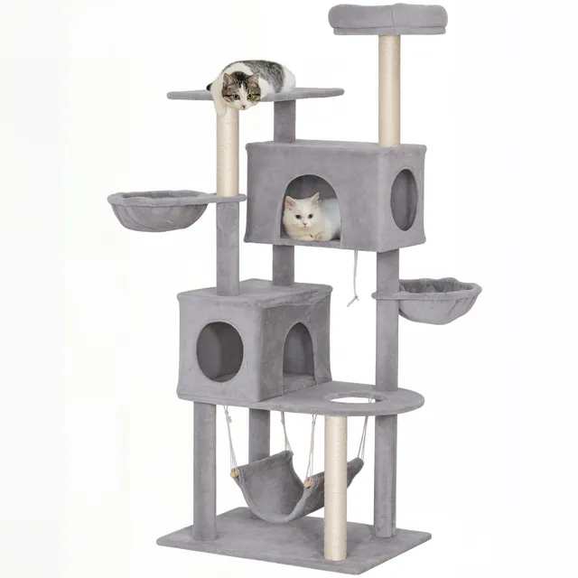 pawhut-arbre-chat-66-avec-2-niches-3-hamacs-et-perchoir-gris-clair image 1