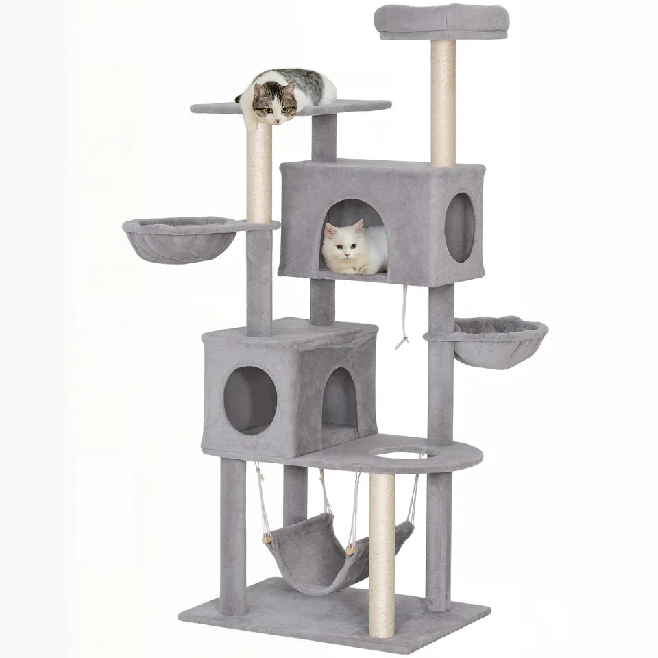 pawhut-arbre-chat-66-avec-2-niches-3-hamacs-et-perchoir-gris-clair image 1