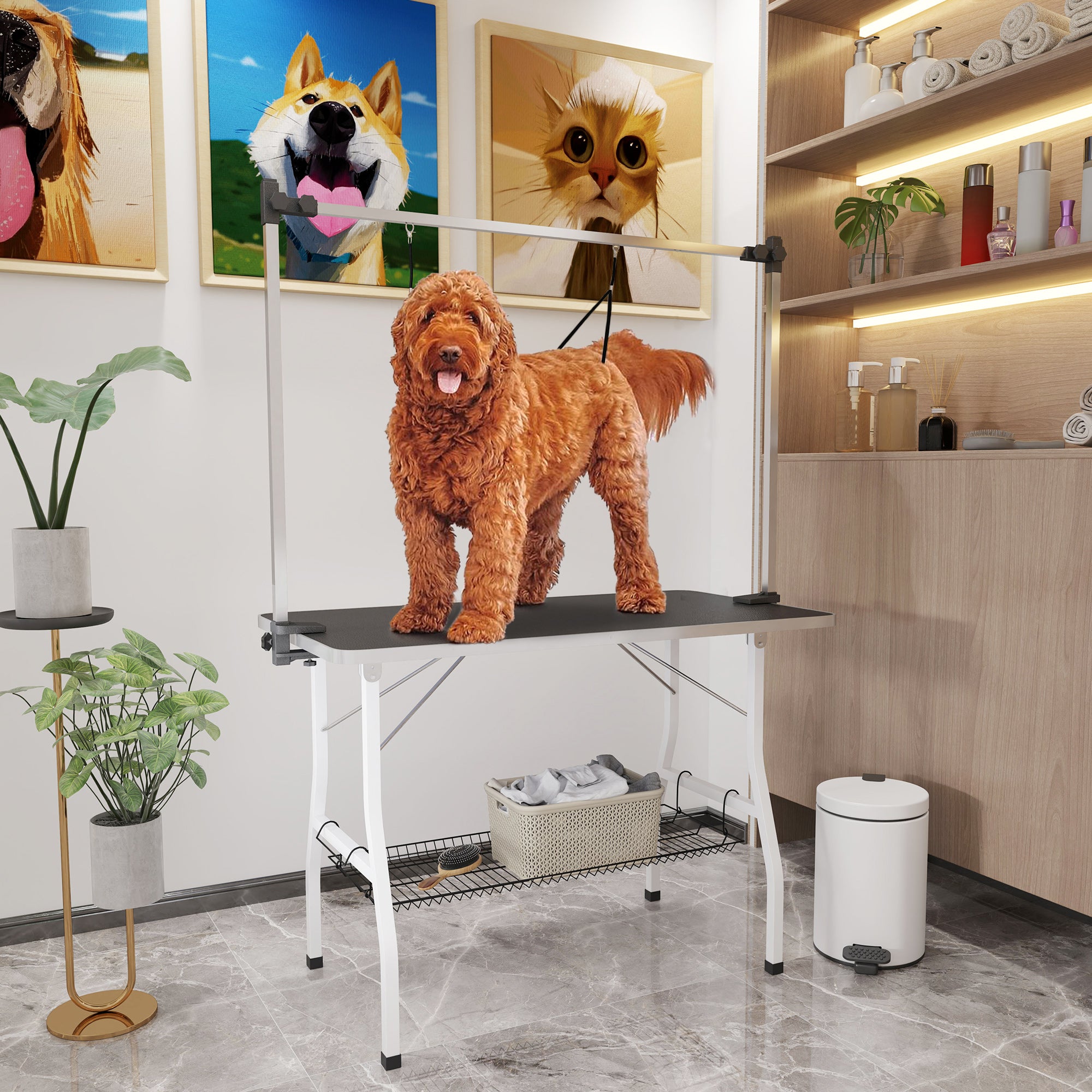 pawhut-table-de-toilettage-chien-pliable-106-cm-avec-bras-r-glable-et-tag-re-noi image 3