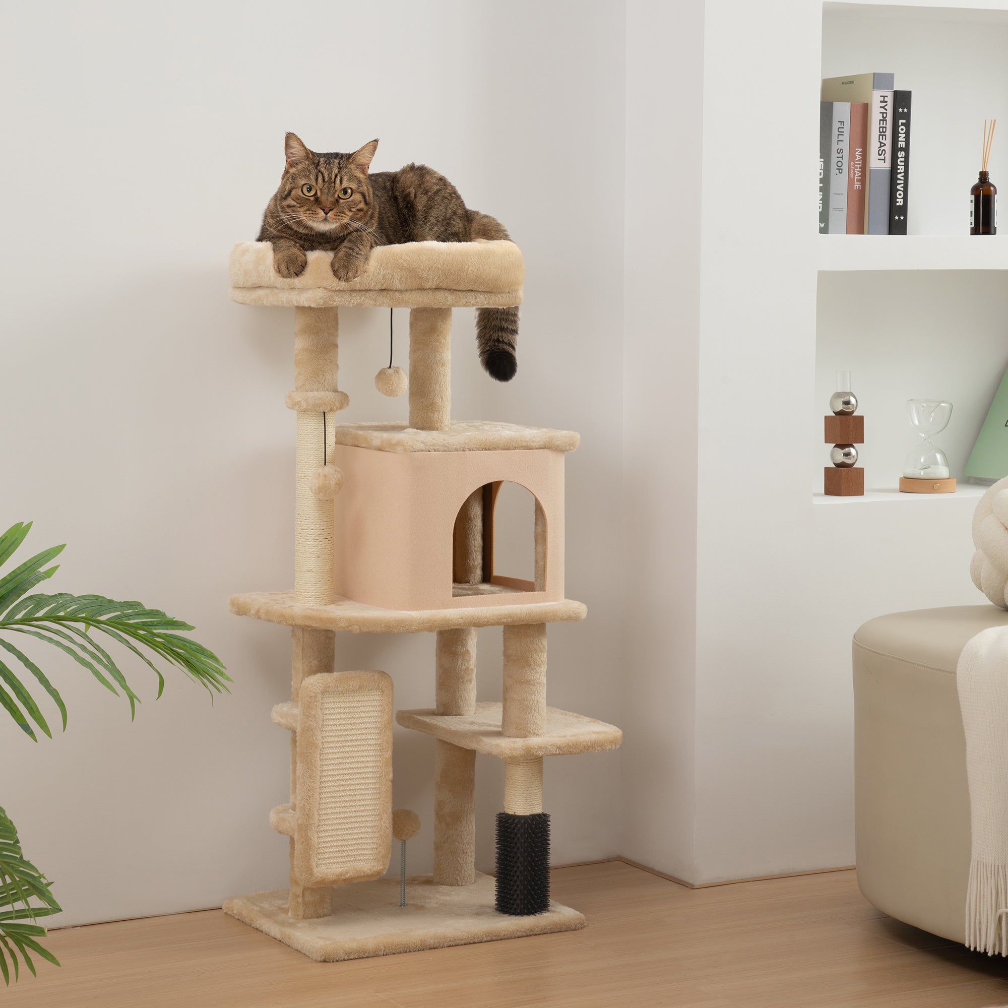 pawhut-arbre-chat-104-cm-avec-niche-couchage-griffoirs-et-brosse-beige image 3
