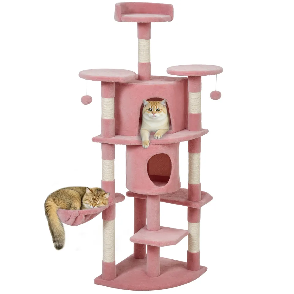 pawhut-arbre-chat-157-cm-2-niches-hamac-et-perchoirs-rose image 1