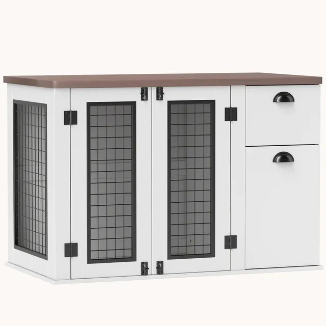pawhut-cage-chien-meuble-2-portes-avec-tiroir-pour-chiens-moyens-blanc image 1