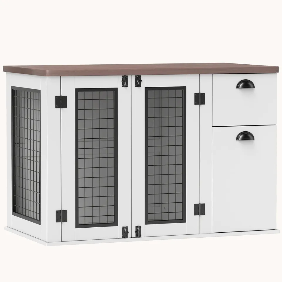 pawhut-cage-chien-meuble-2-portes-avec-tiroir-pour-chiens-moyens-blanc image 1