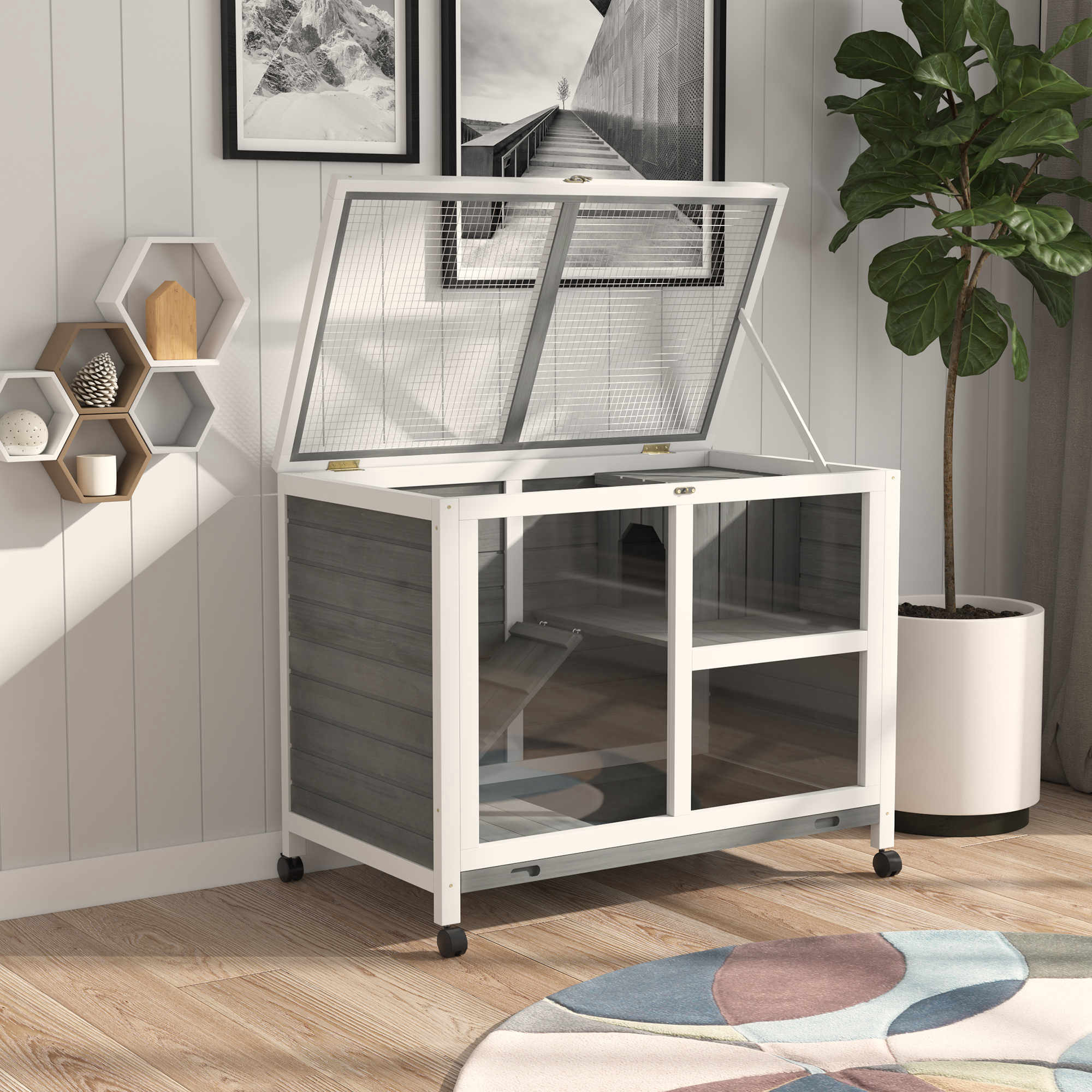 pawhut-cage-petits-animaux-en-bois-2-tages-roulettes-gris image 4