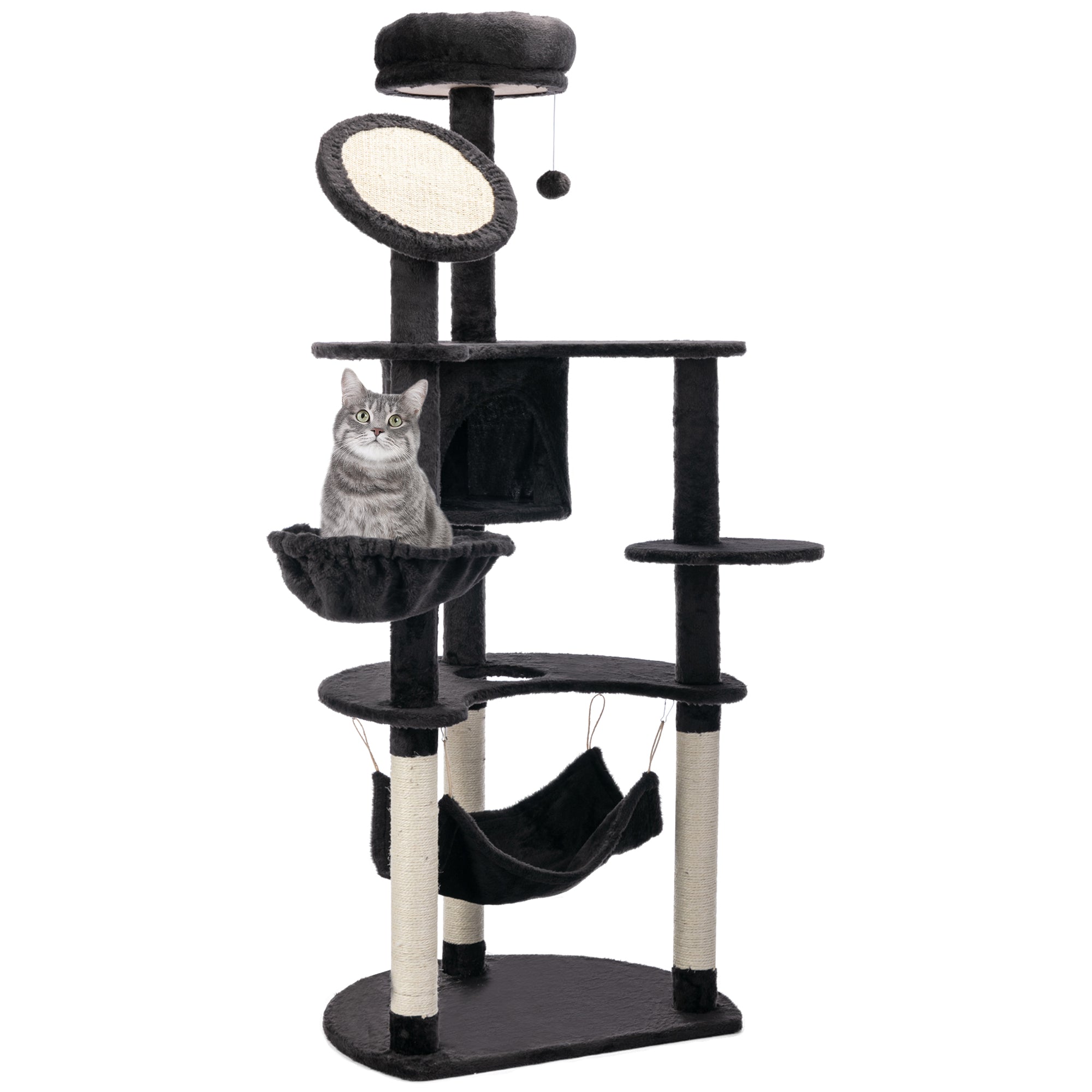 pawhut-arbre-chat-152-cm-avec-niche-2-hamacs-et-griffoirs-gris-fonc image 1