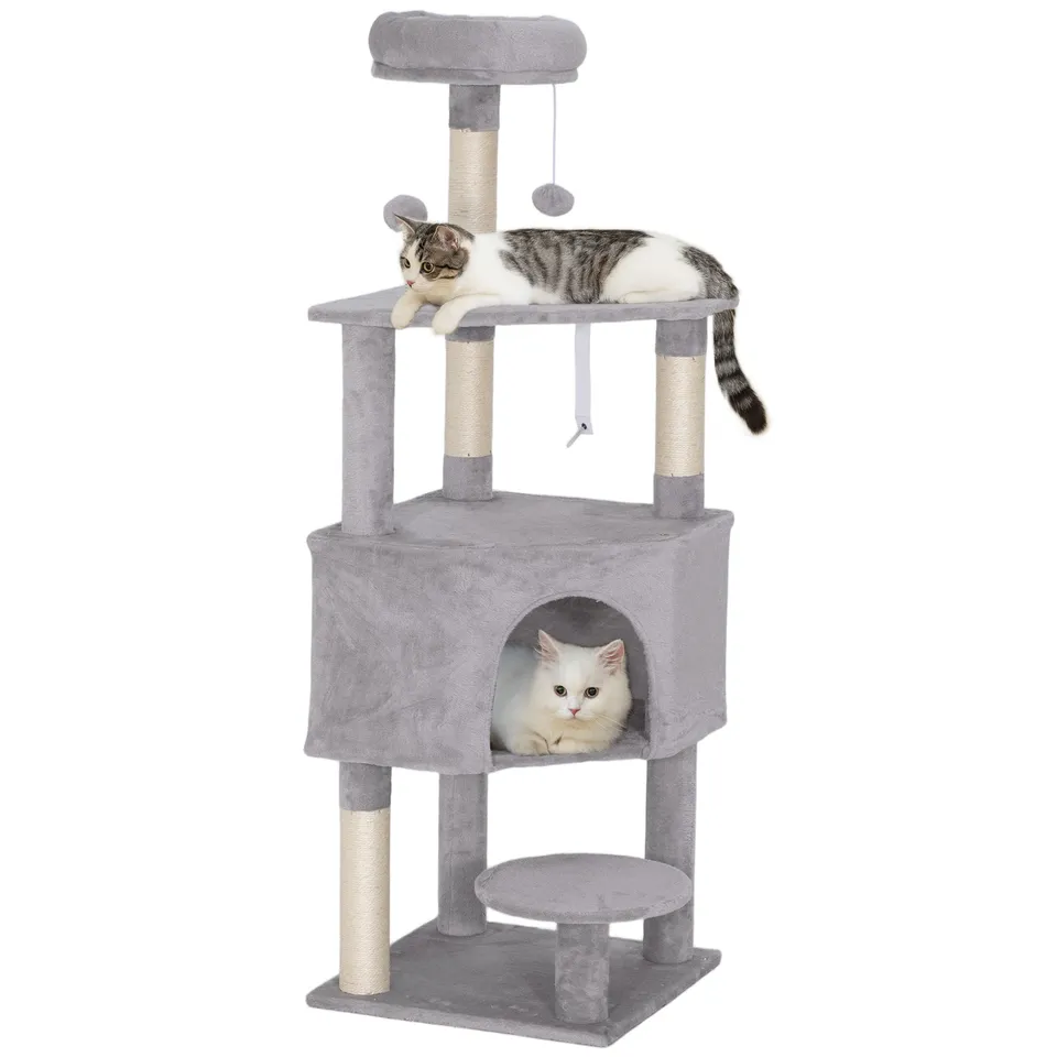 pawhut-arbre-chat-54-avec-niche-perchoir-et-griffoirs-sisal-gris-clair image 1
