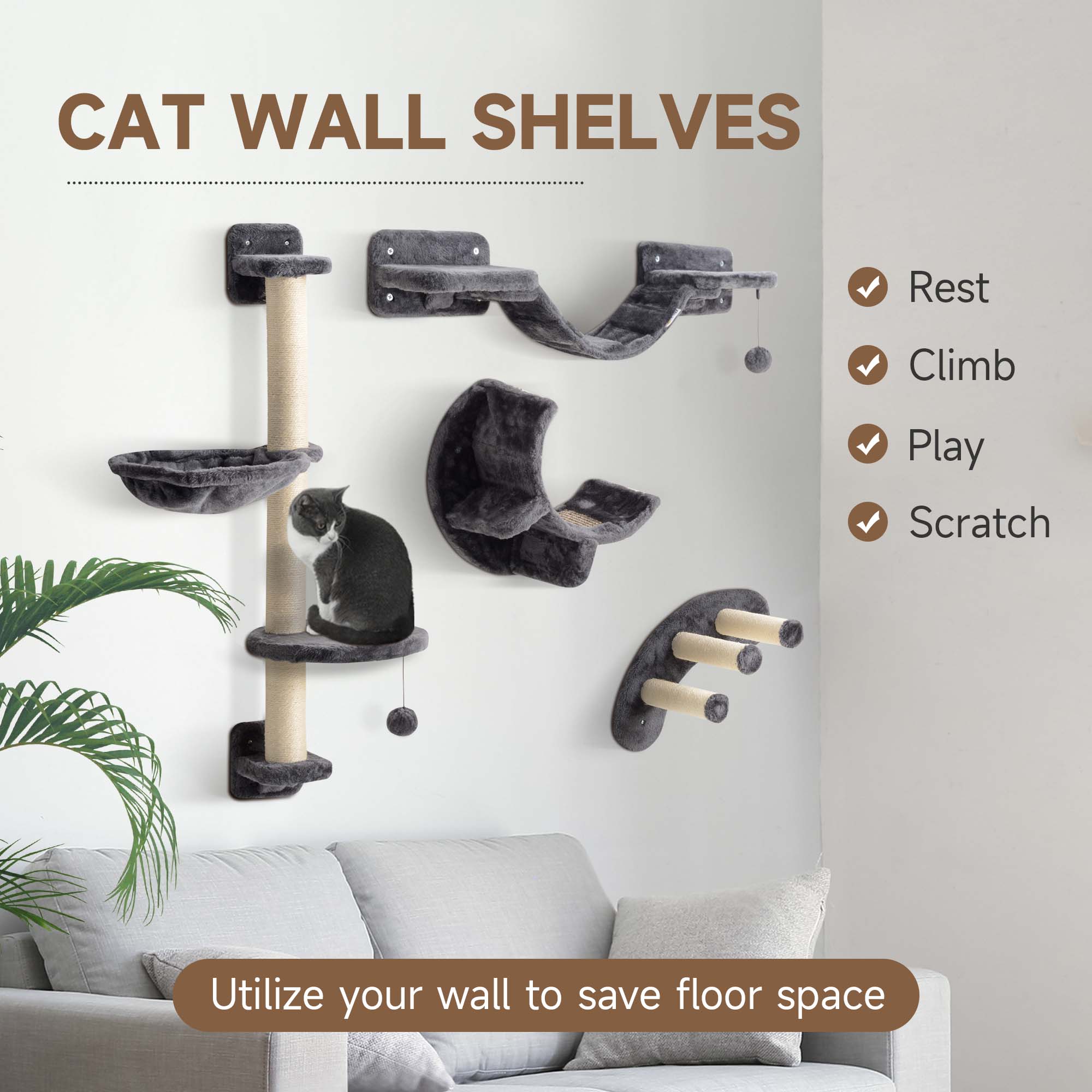 pawhut-parcours-mural-chat-4-pi-ces-gris-avec-hamac-et-griffoirs image 6