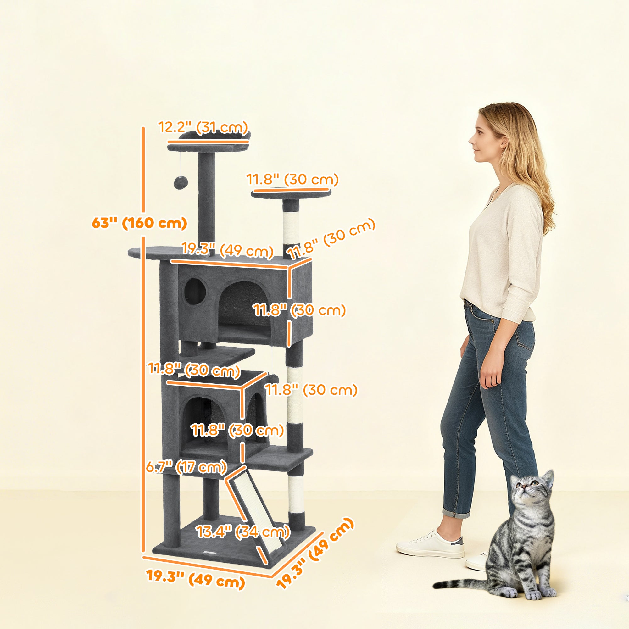 pawhut-arbre-chat-160-cm-avec-niches-lit-rampe-et-griffoir-gris-fonc image 5