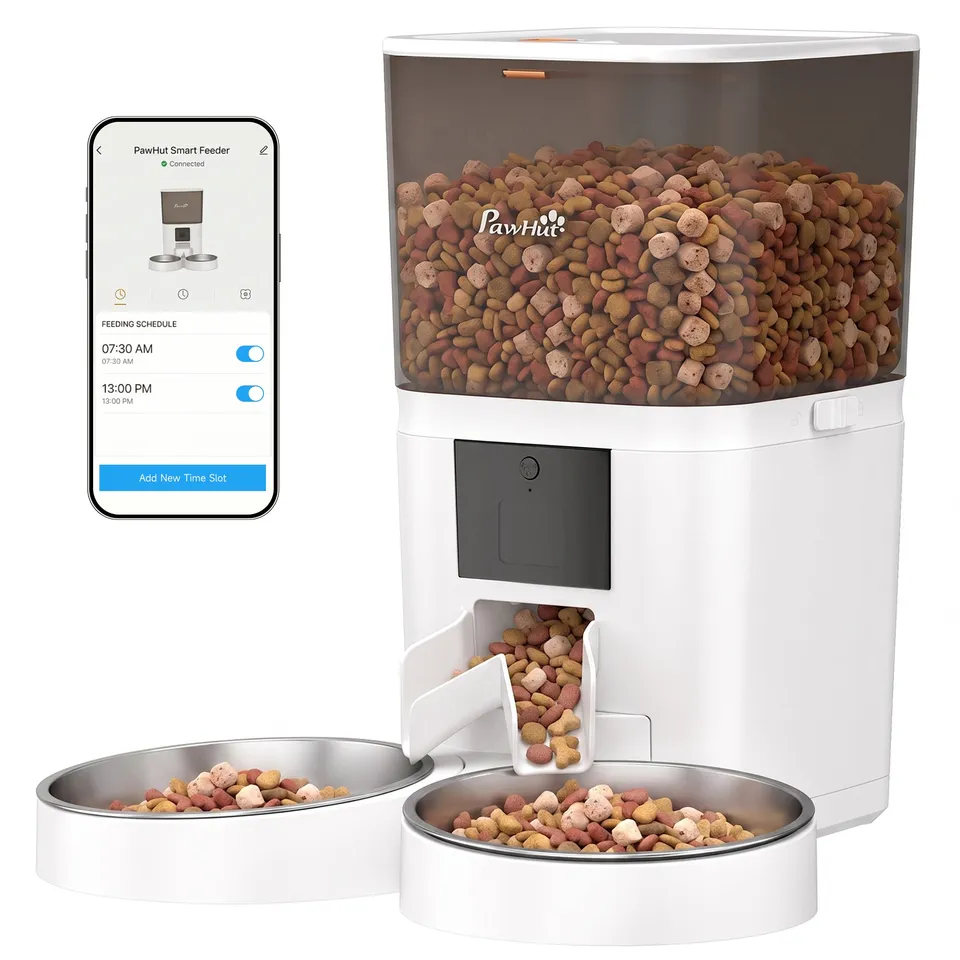 pawhut-distributeur-croquettes-chat-automatique-6l-connect-avec-double-bol image 1