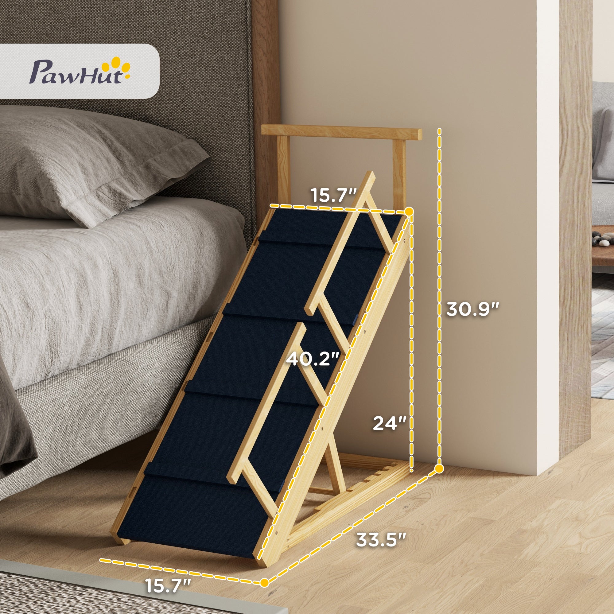 pawhut-rampe-pliable-pour-chien-en-bois-naturel-4-hauteurs-r-glables-tapis-antid image 6