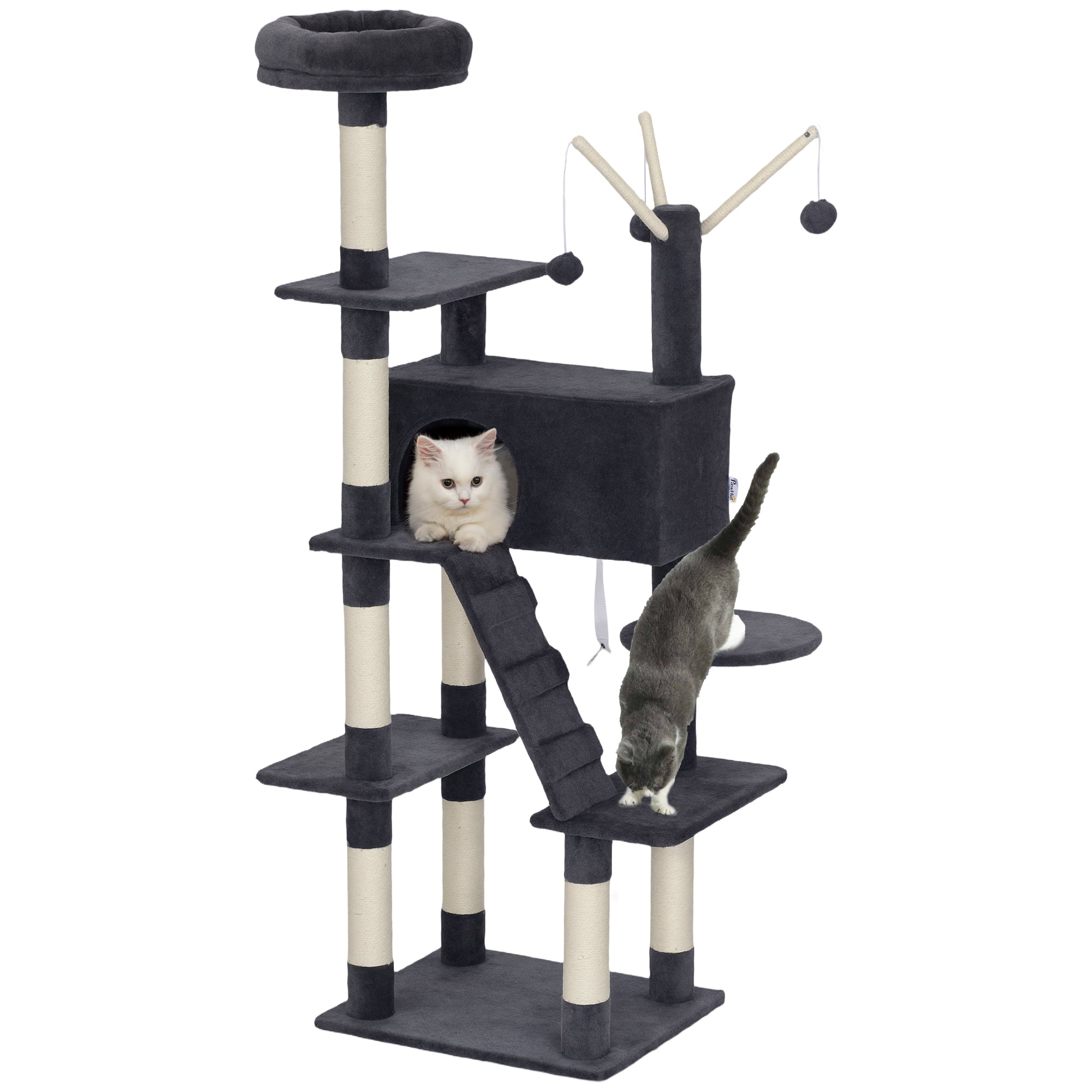 pawhut-arbre-chat-59-multi-niveaux-avec-niche-perchoir-et-chelle-gris-fonc image 1