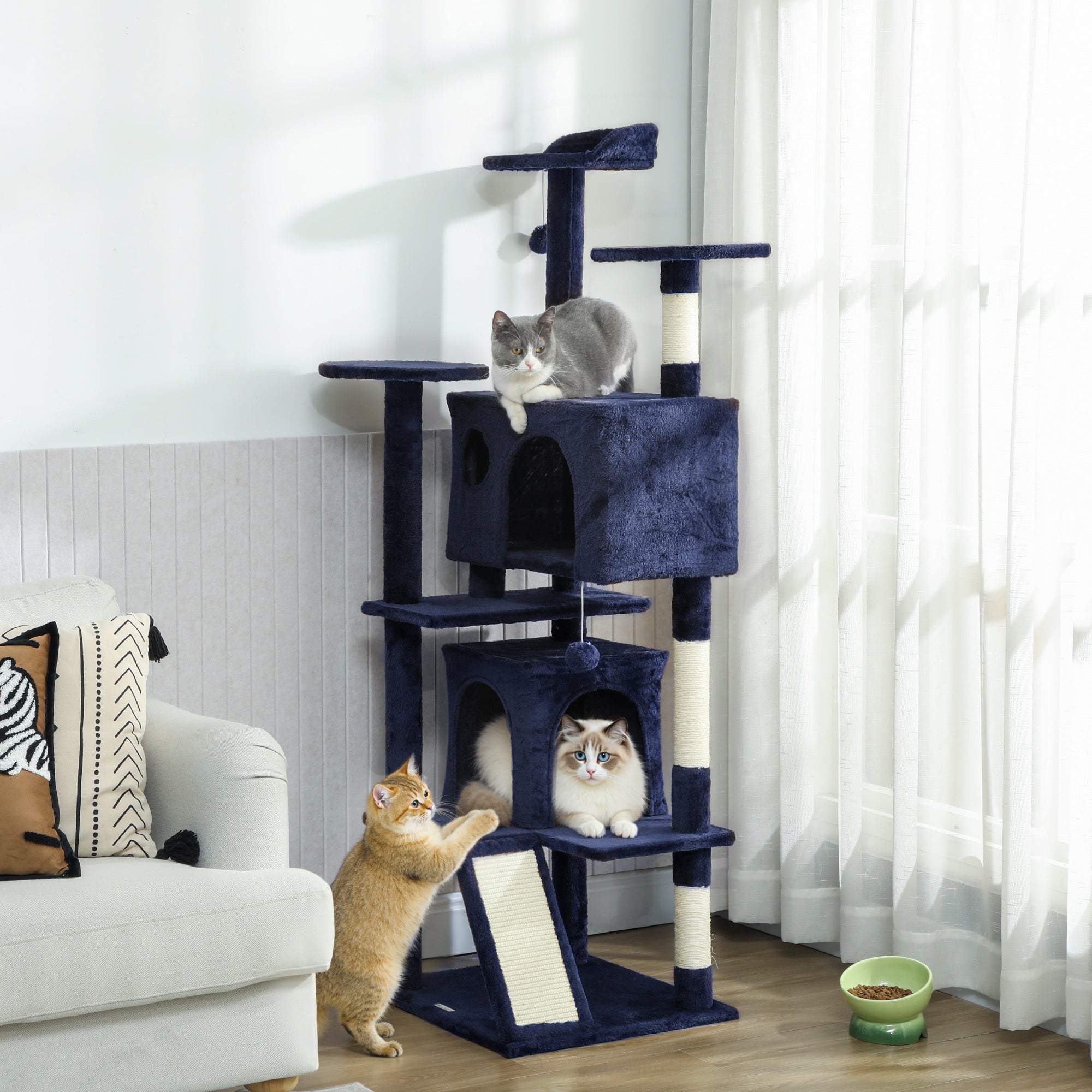 pawhut-arbre-chat-63-avec-condos-lit-rampe-et-griffoirs-bleu-fonc image 3