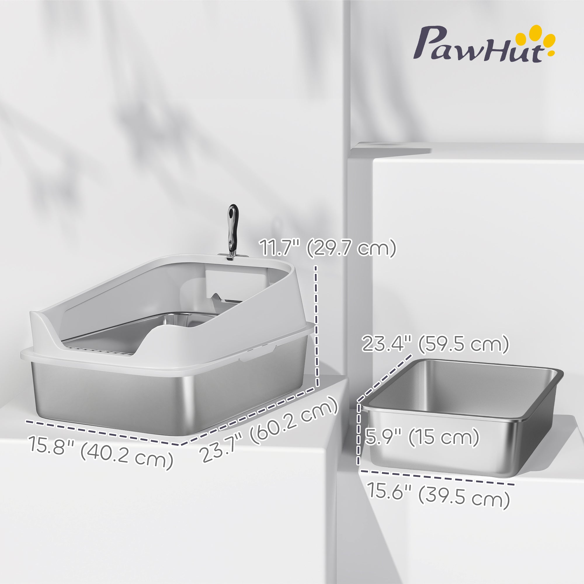 pawhut-bac-liti-re-chat-inox-avec-pelle-bords-hauts-60-cm-gris image 5