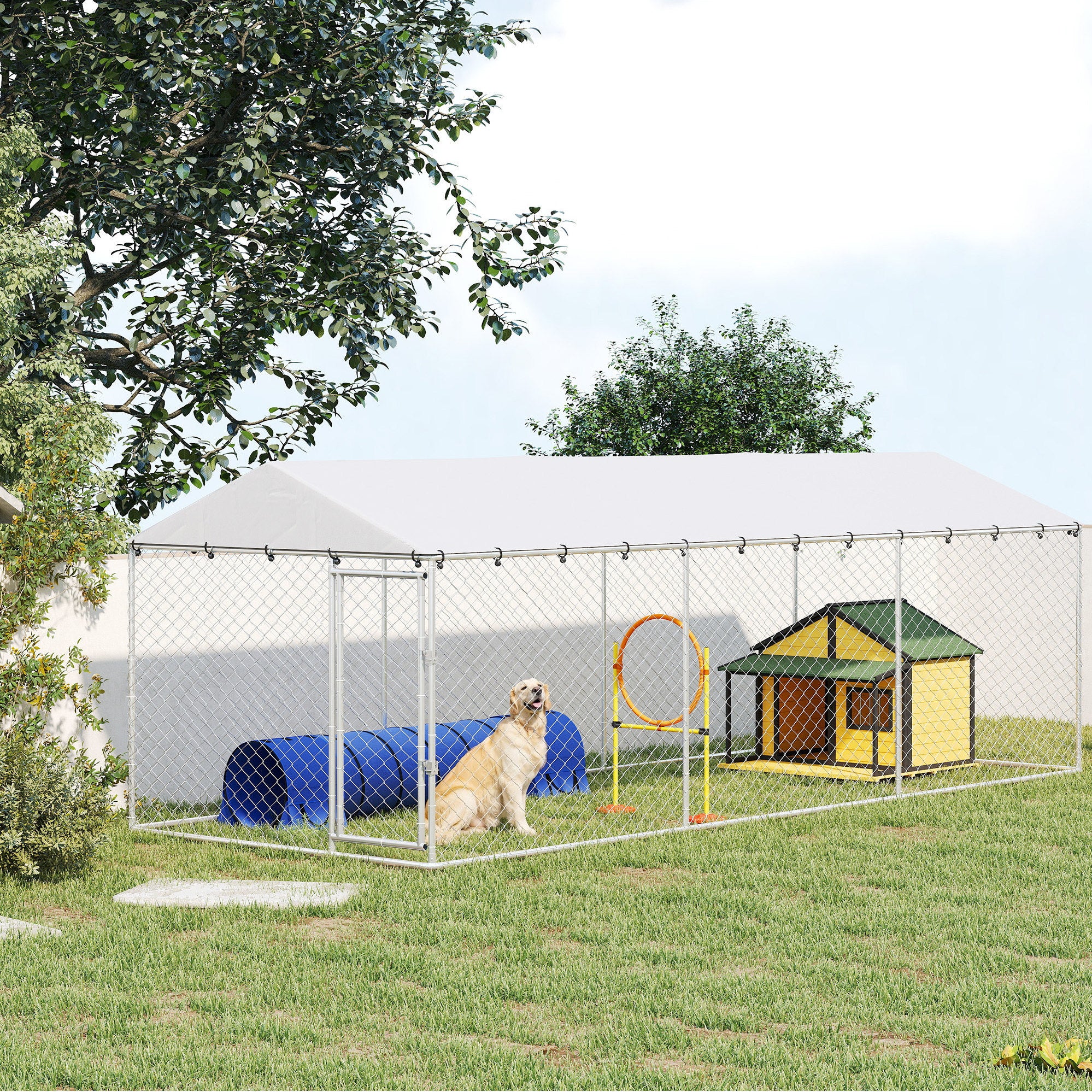 pawhut-chenil-ext-rieur-walk-in-6-1-x-2-3-m-avec-toit-tanche-argent image 3