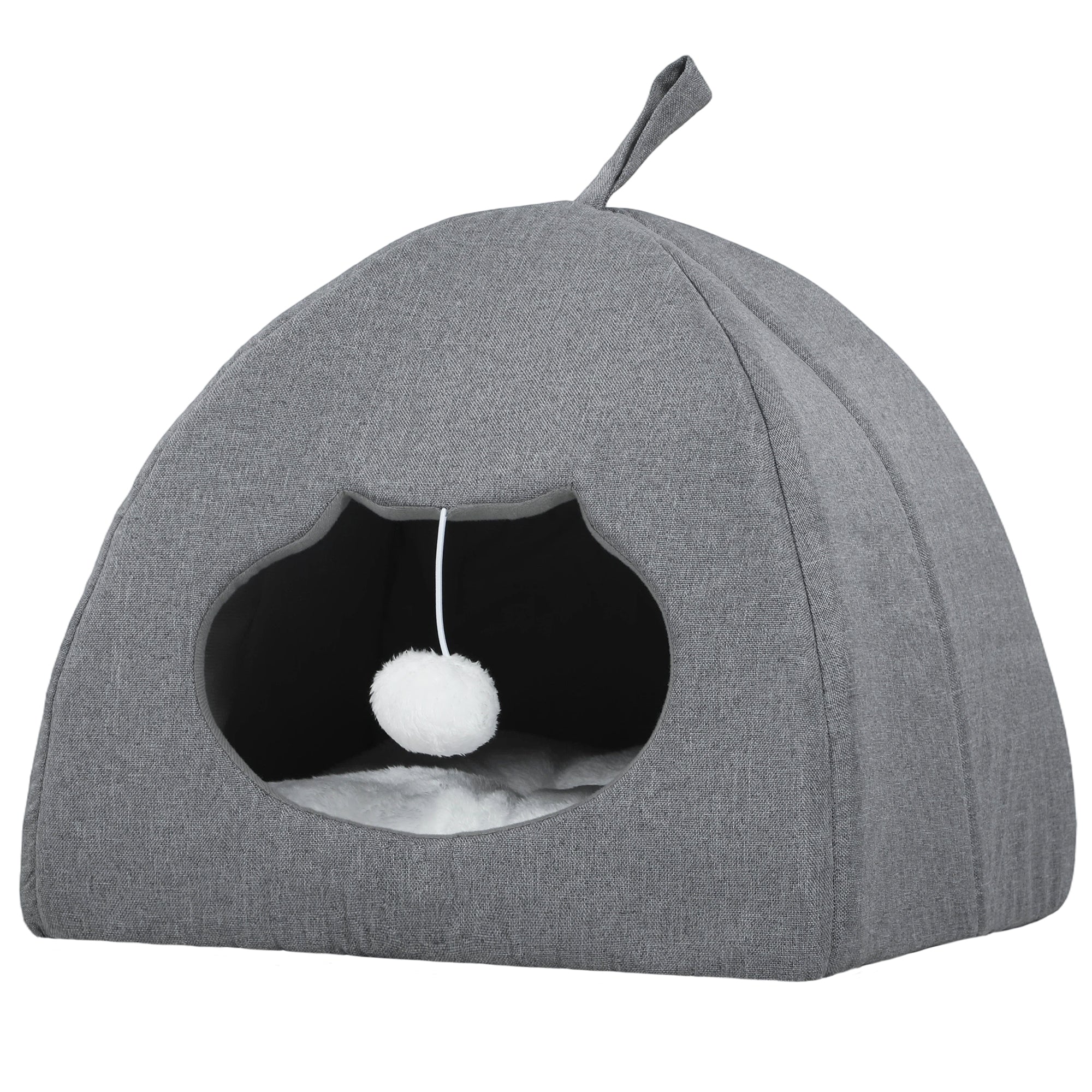pawhut-grotte-lit-chat-42-x-42-x-39-cm-avec-coussin-r-versible-et-balle-gris image 2