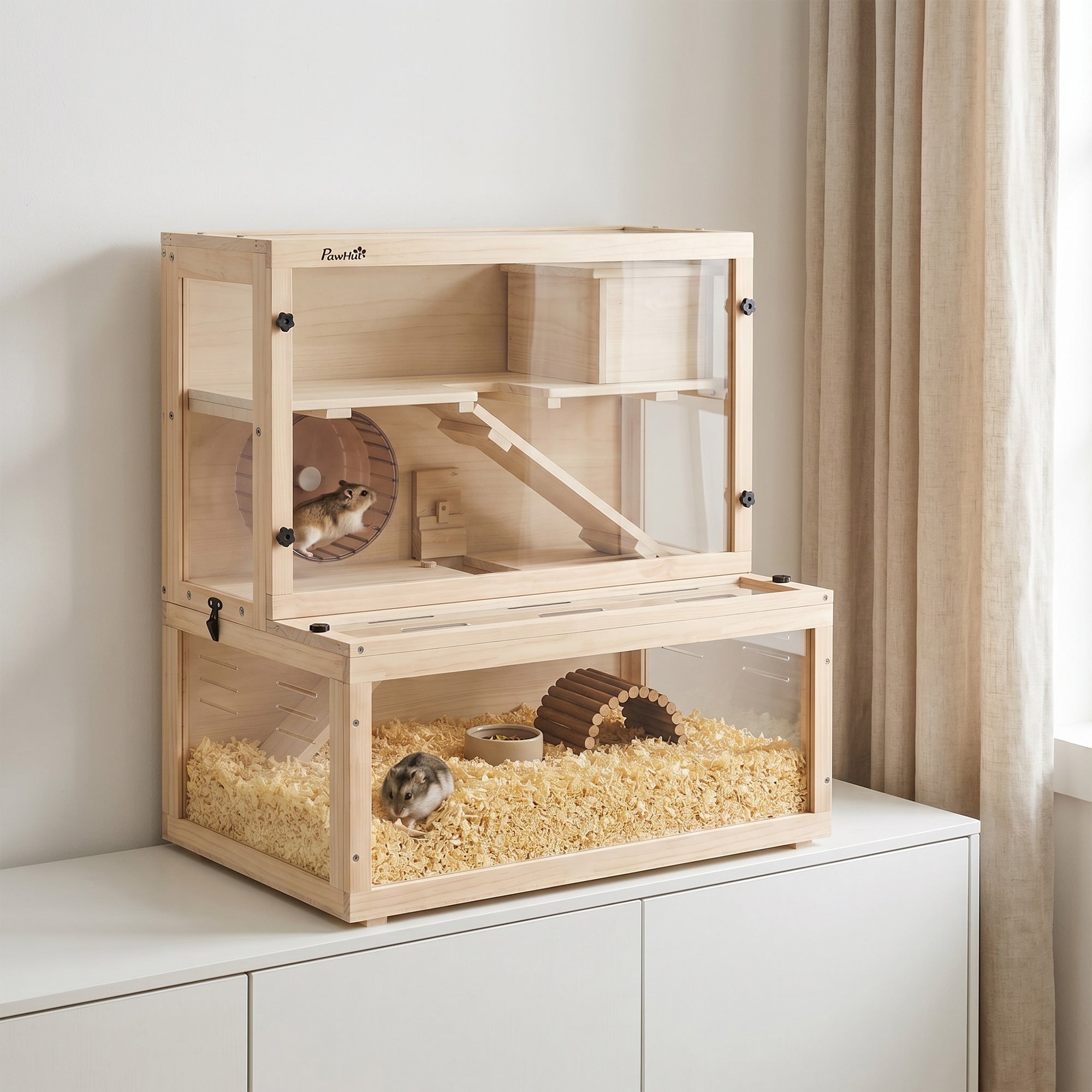 pawhut-cage-hamster-bois-3-tages-avec-cabane-roue-et-rampes-80-x-50-x-84-cm-natu image 4