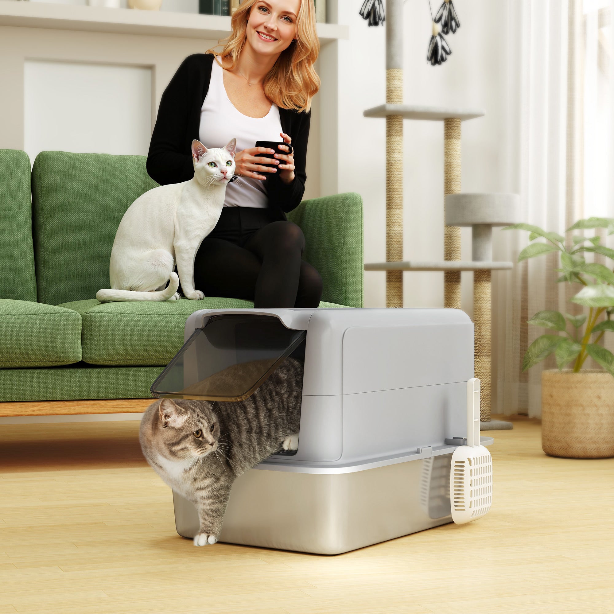 pawhut-bac-liti-re-chat-extra-large-inox-avec-couvercle-pelle-filtre-et-sacs image 4