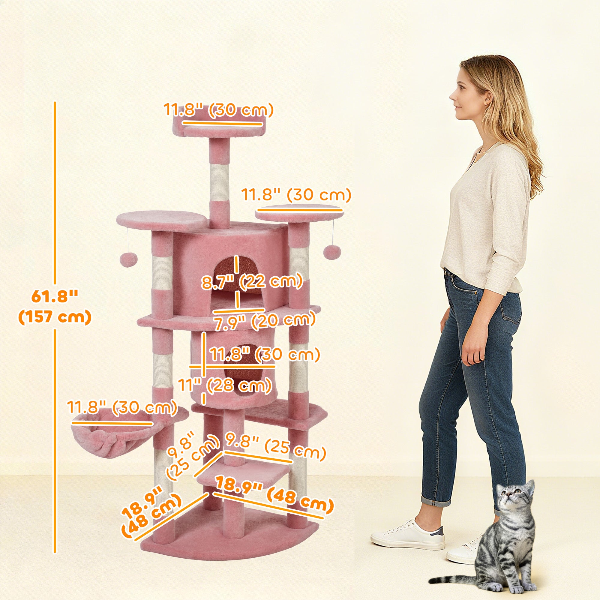 pawhut-arbre-chat-157-cm-2-niches-hamac-et-perchoirs-rose image 5