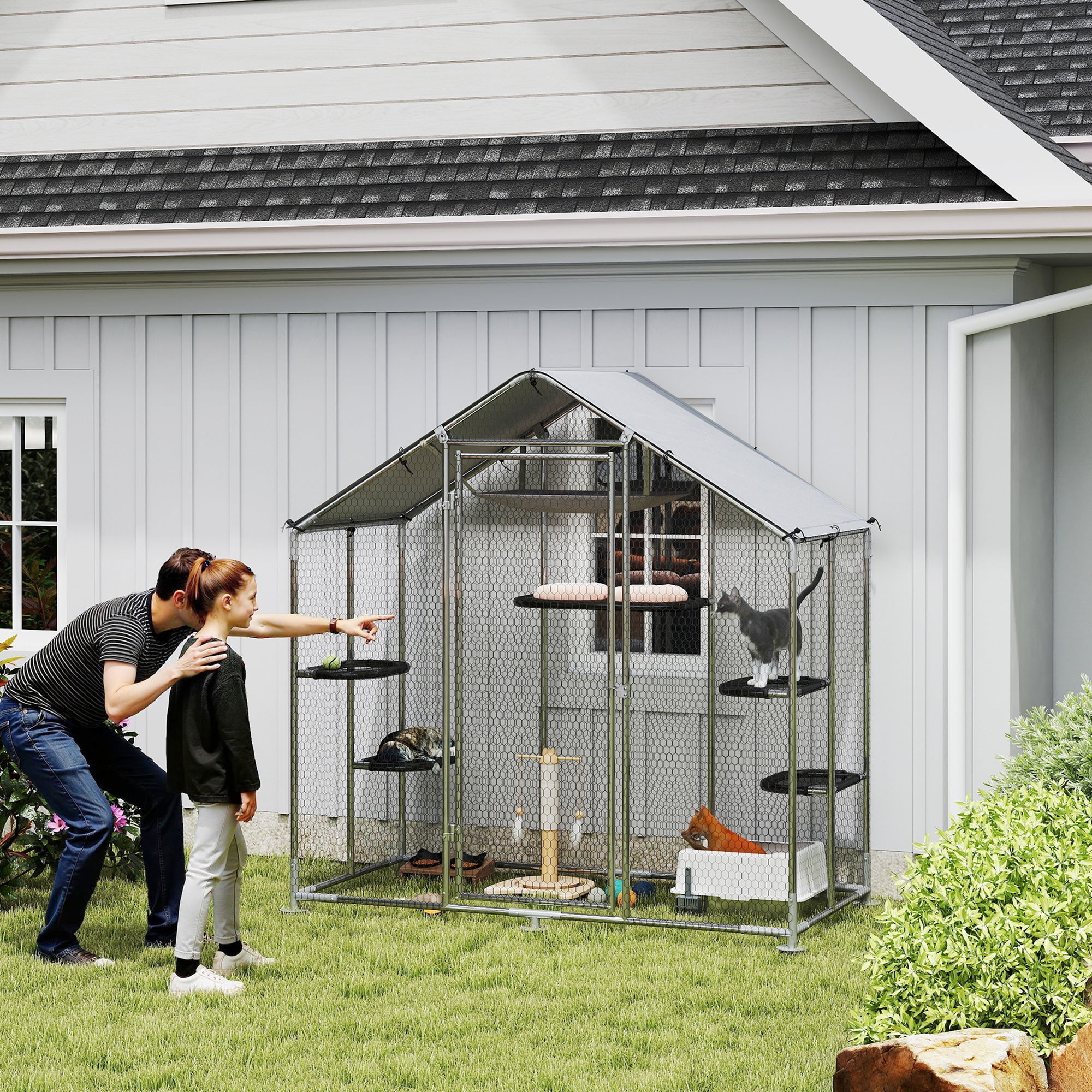pawhut-catio-enclos-chat-walk-in-m-tal-77-avec-5-plateformes-et-hamac-argent image 4