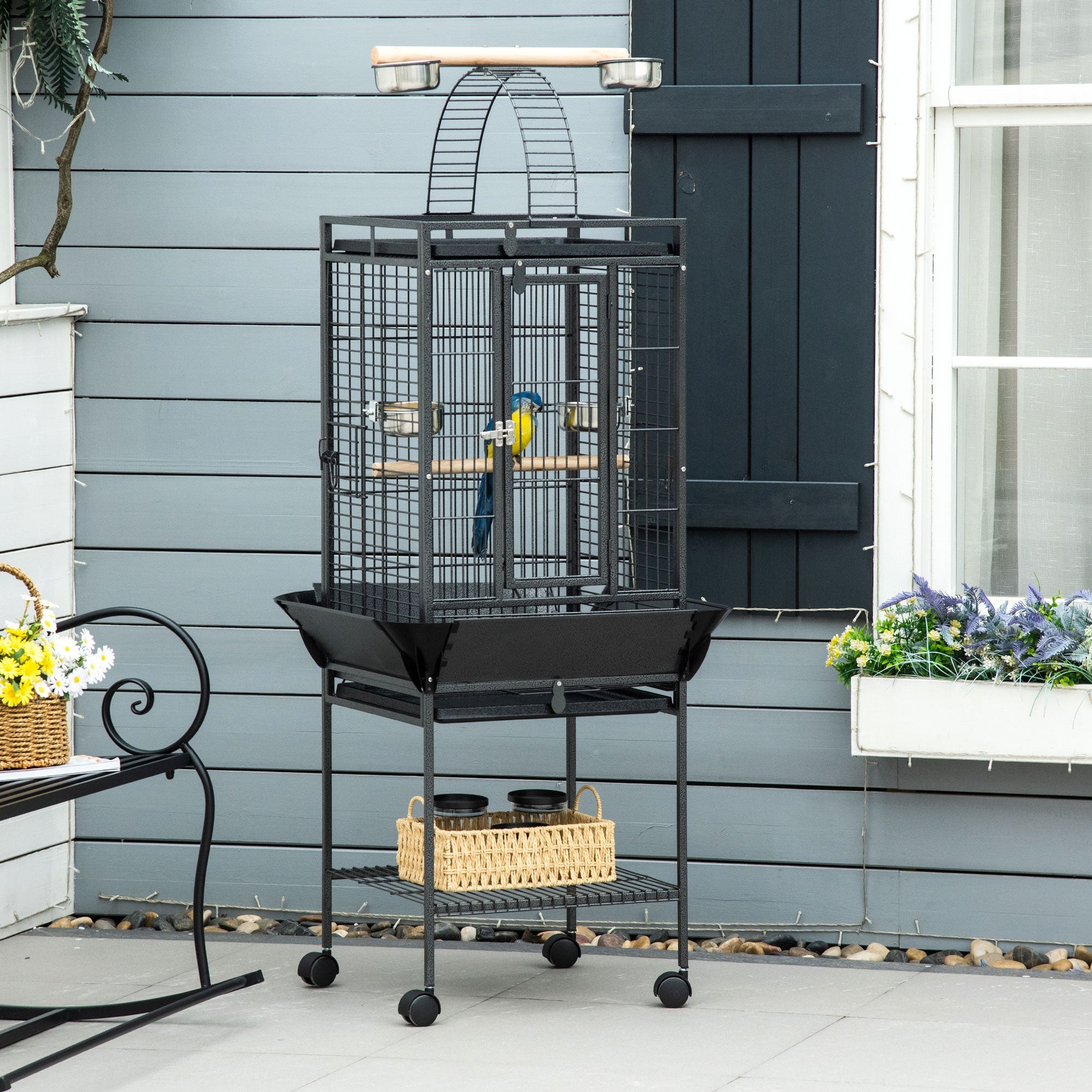 pawhut-cage-voli-re-156-cm-avec-toit-de-jeu-bacs-faciles-et-roulettes image 3