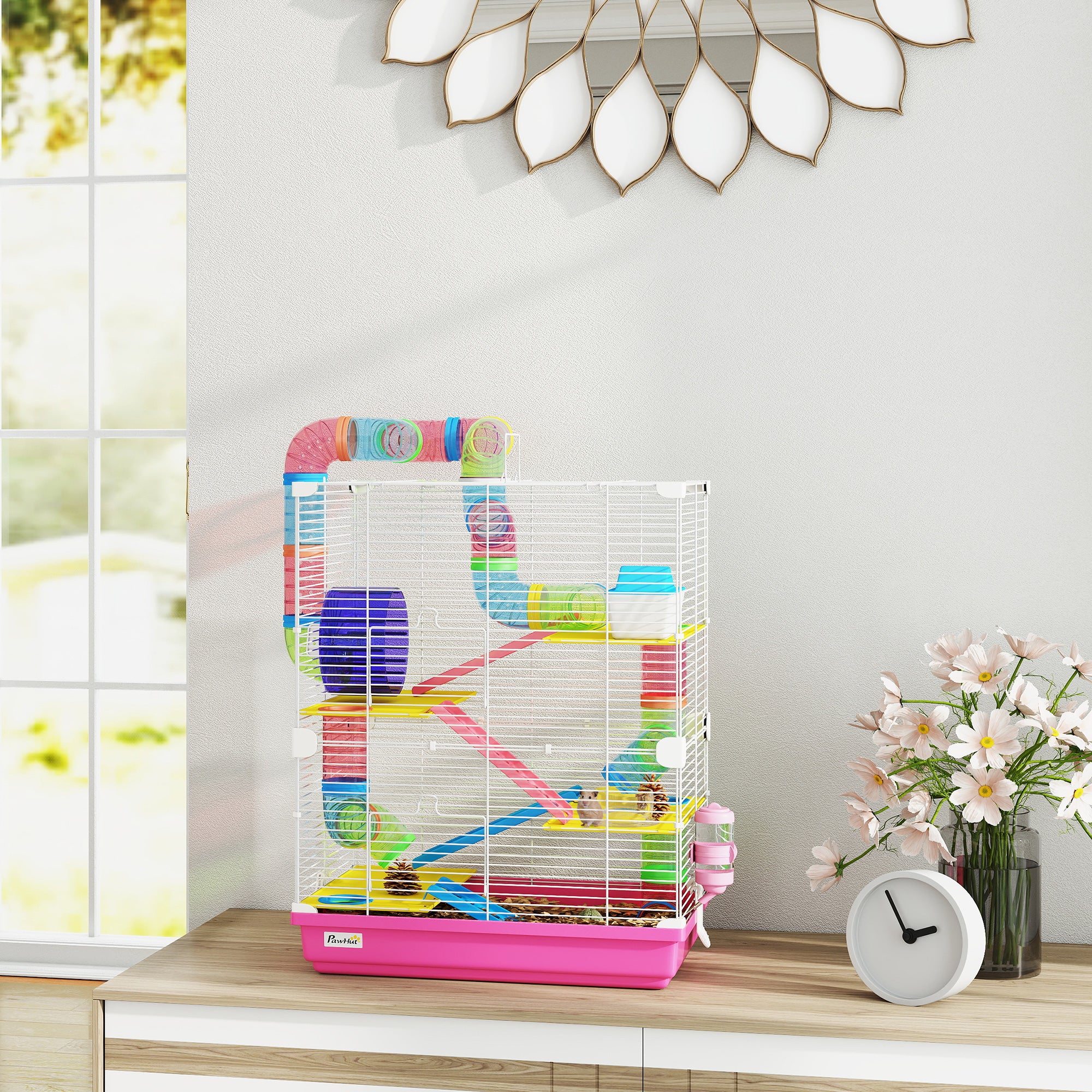 pawhut-cage-hamster-5-tages-rose-avec-roues-tunnel-et-accessoires image 4