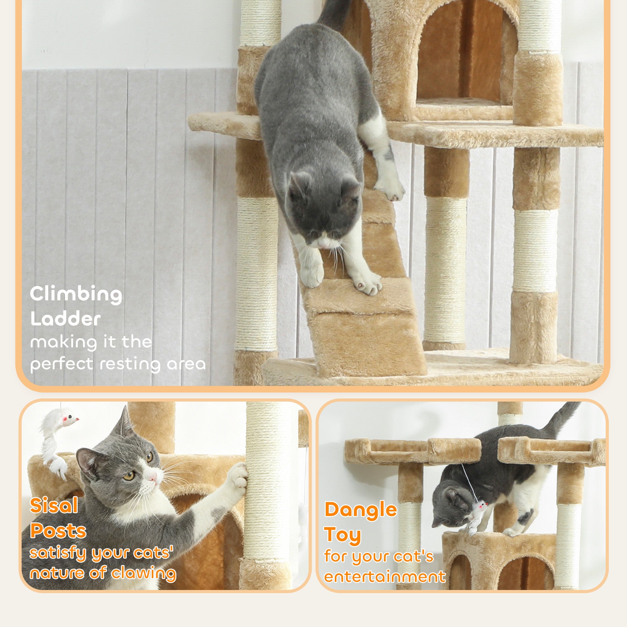 pawhut-arbre-chat-68-pouces-avec-2-niches-perchoirs-et-griffoirs-marron-clair image 7
