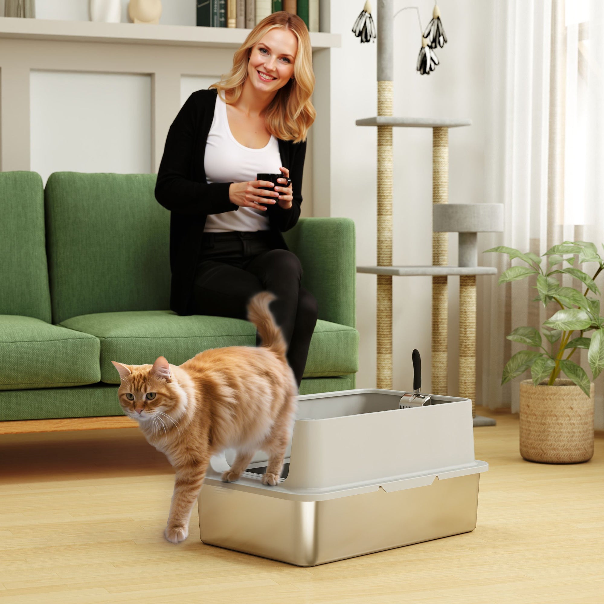 pawhut-bac-liti-re-chat-xl-inox-avec-pelle-gris-60x40x30-cm image 4