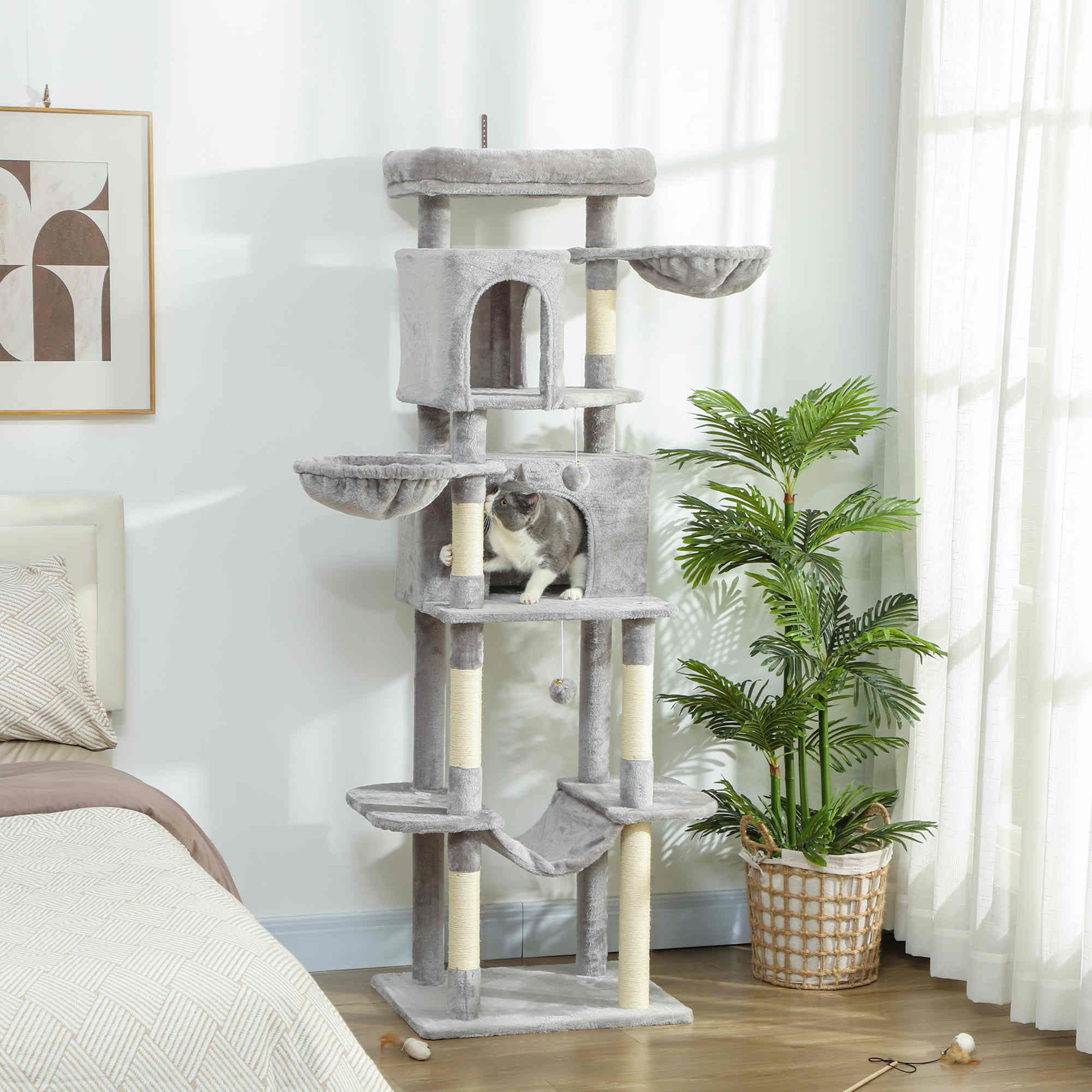 pawhut-arbre-chat-69-175-cm-avec-2-niches-3-hamacs-et-perchoirs-gris-clair image 3