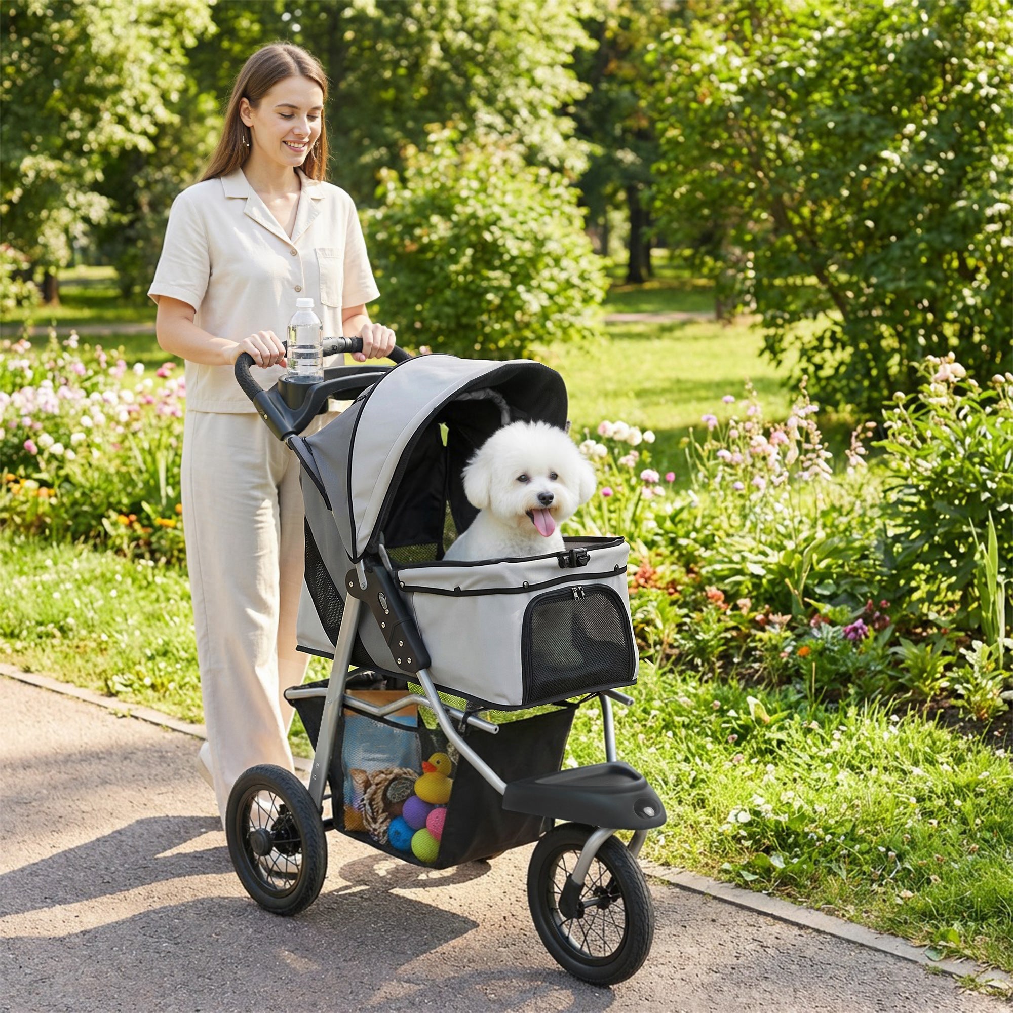 pawhut-poussette-chien-3-roues-pliable-12-jusqu-10-kg-gris-clair image 3