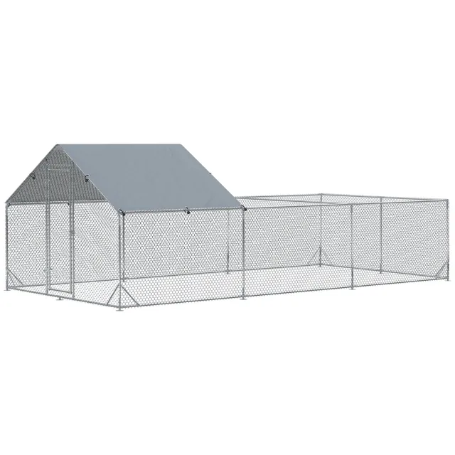 pawhut-grand-enclos-poulailler-walk-in-m-tal-6-m-avec-b-che-uv-argent image 1